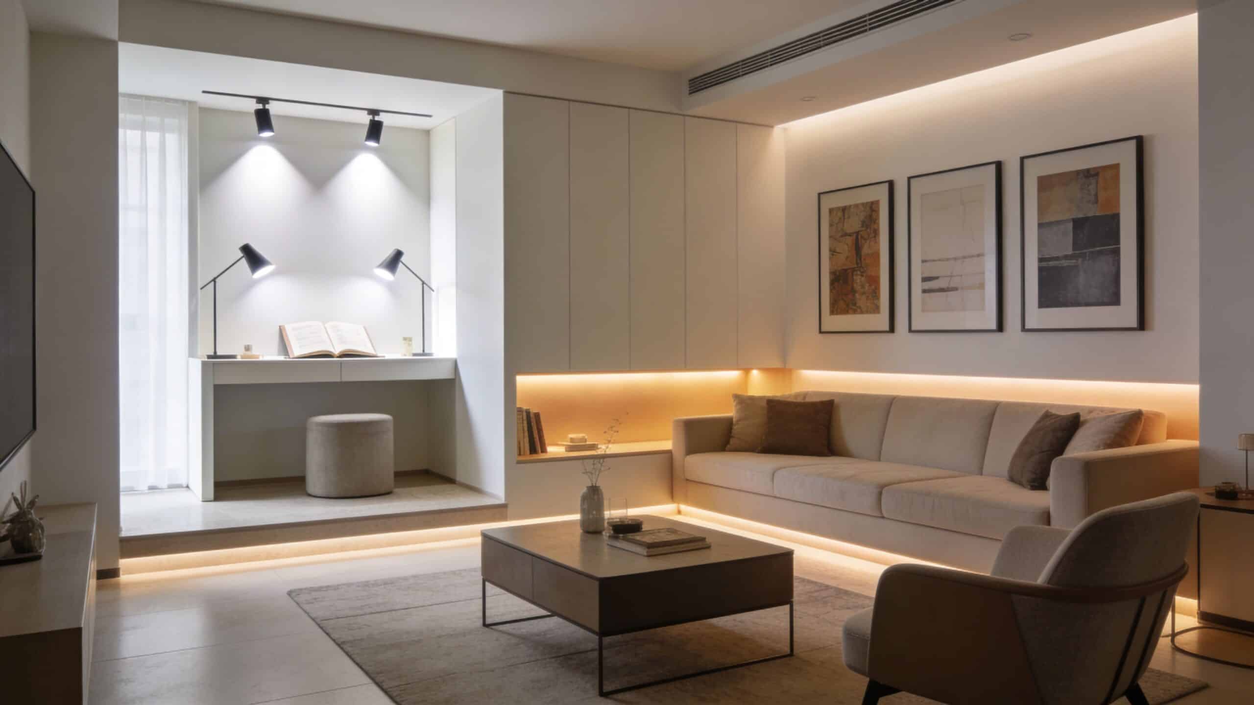 Moderne stue med indbygget skrivebordskrog, blød sofa og elegant belysning, der skaber en hyggelig og stilfuld atmosfære.