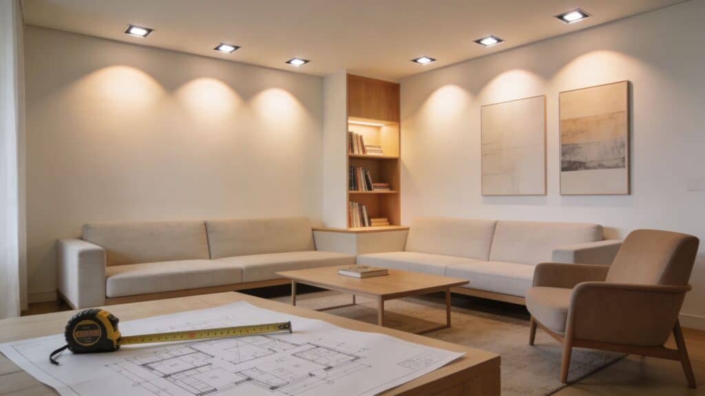 Elegant stue med sofaer, lænestol og moderne belysning.