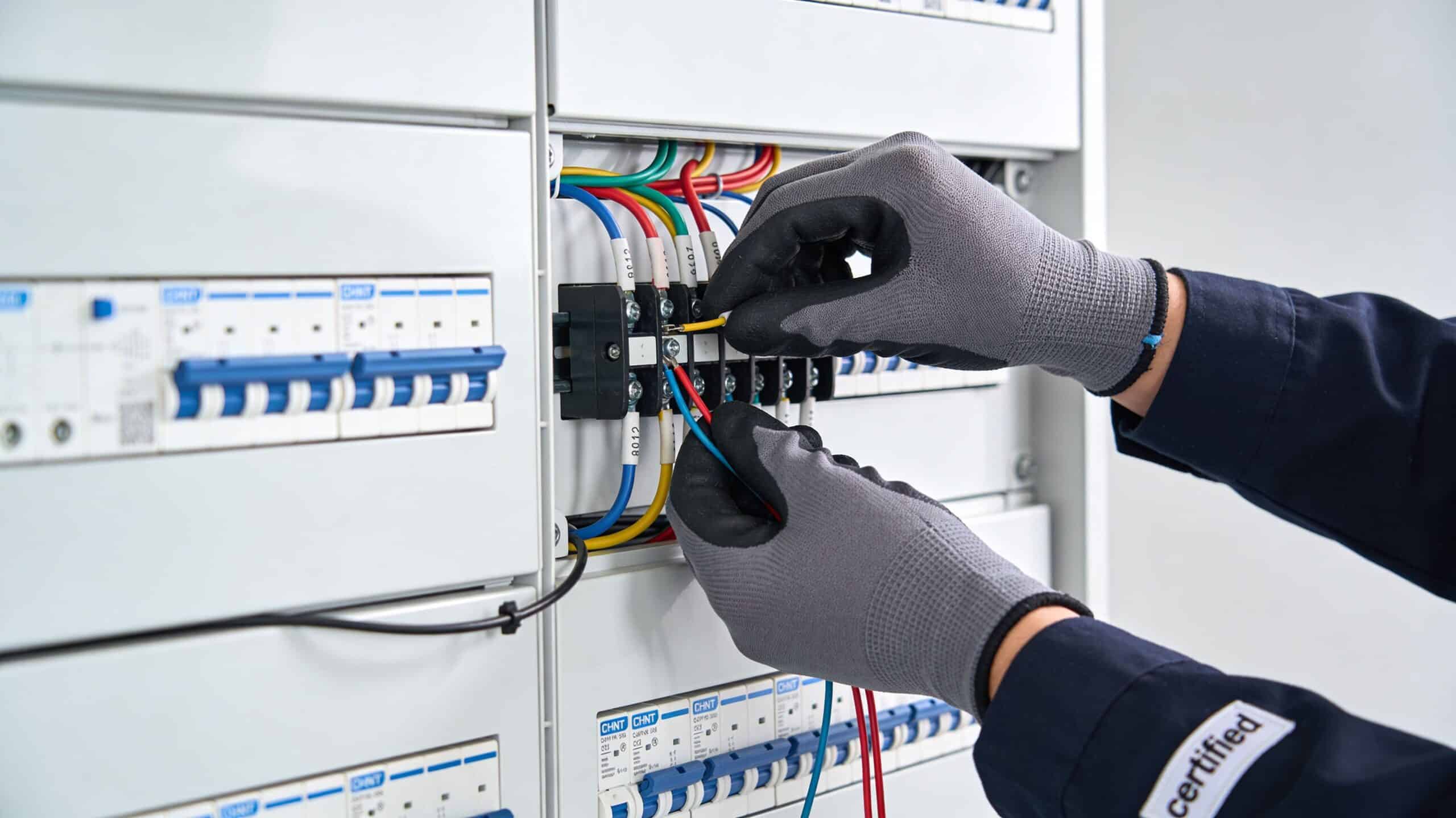 Elektriker arbejder med elinstallationer og relæer.