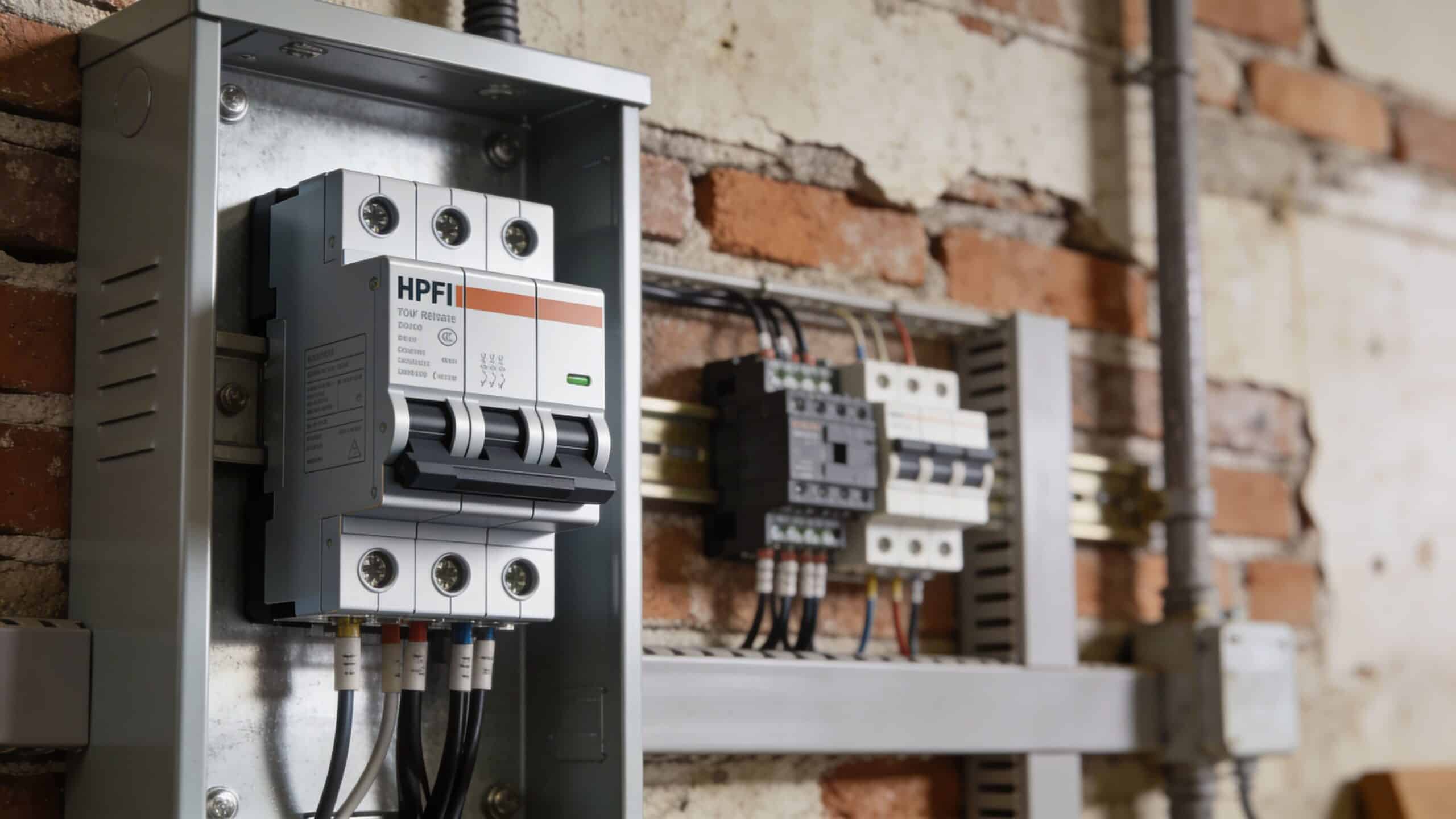 HPFI relæ installeret i elskab til beskyttelse mod elektriske fejl.