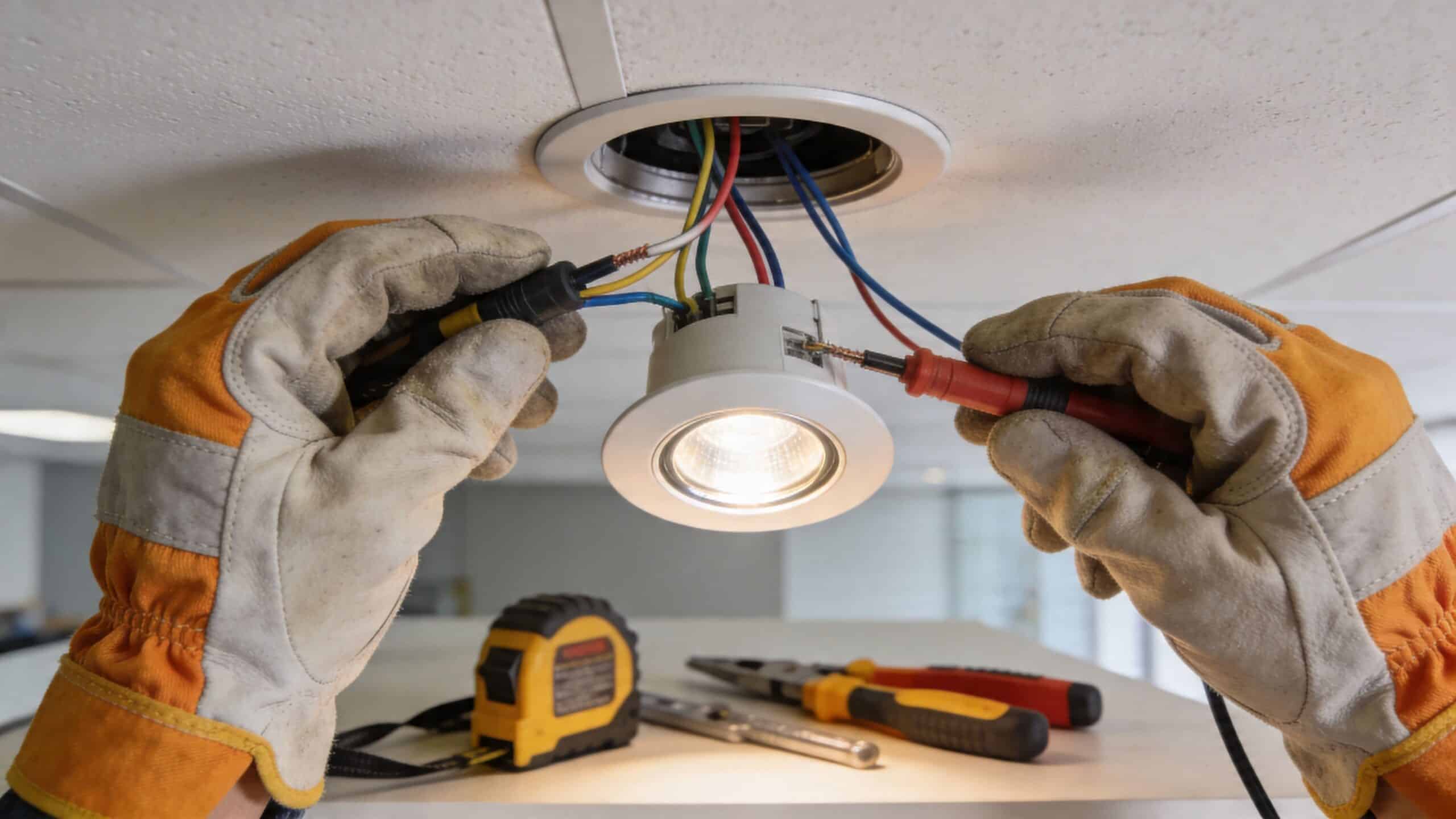 En elektriker i arbejdshandsker udfører elektrisk fejlfinding og vedligeholdelse af et tændt indbygningsspot i et loft.