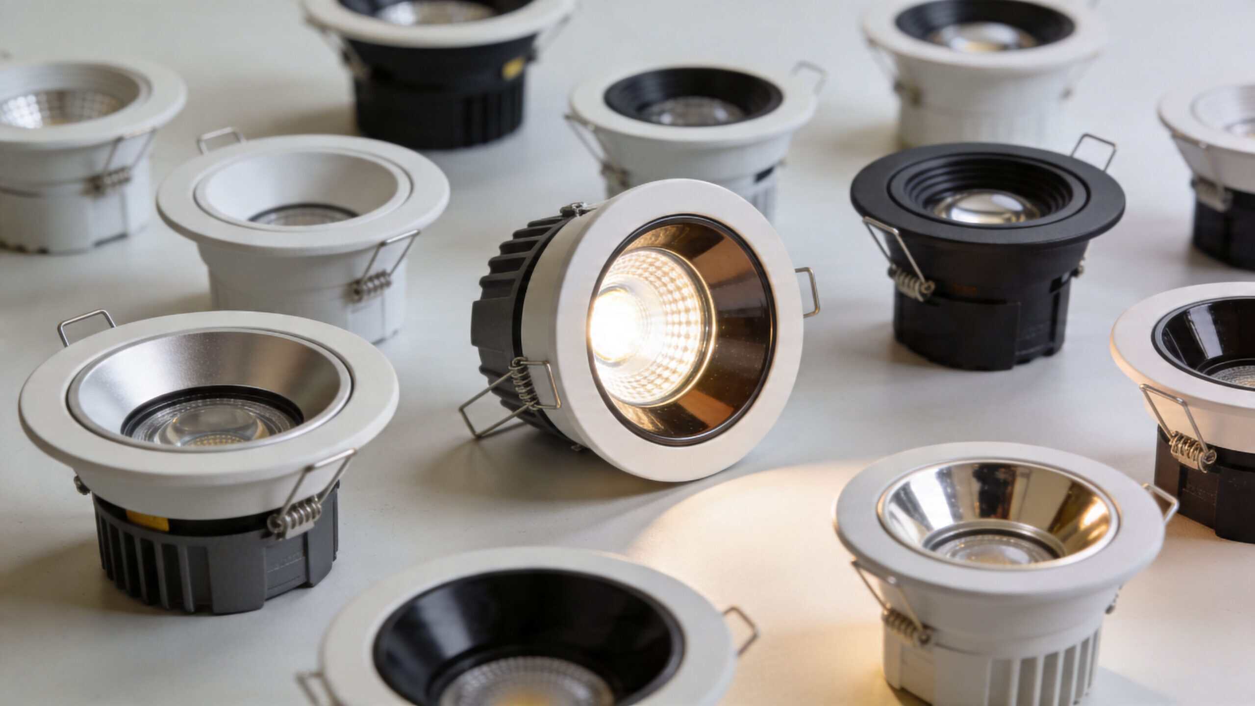 En samling af moderne hvide og sorte LED-indbygningsspots til loftet, hvor ét lys er tændt.
