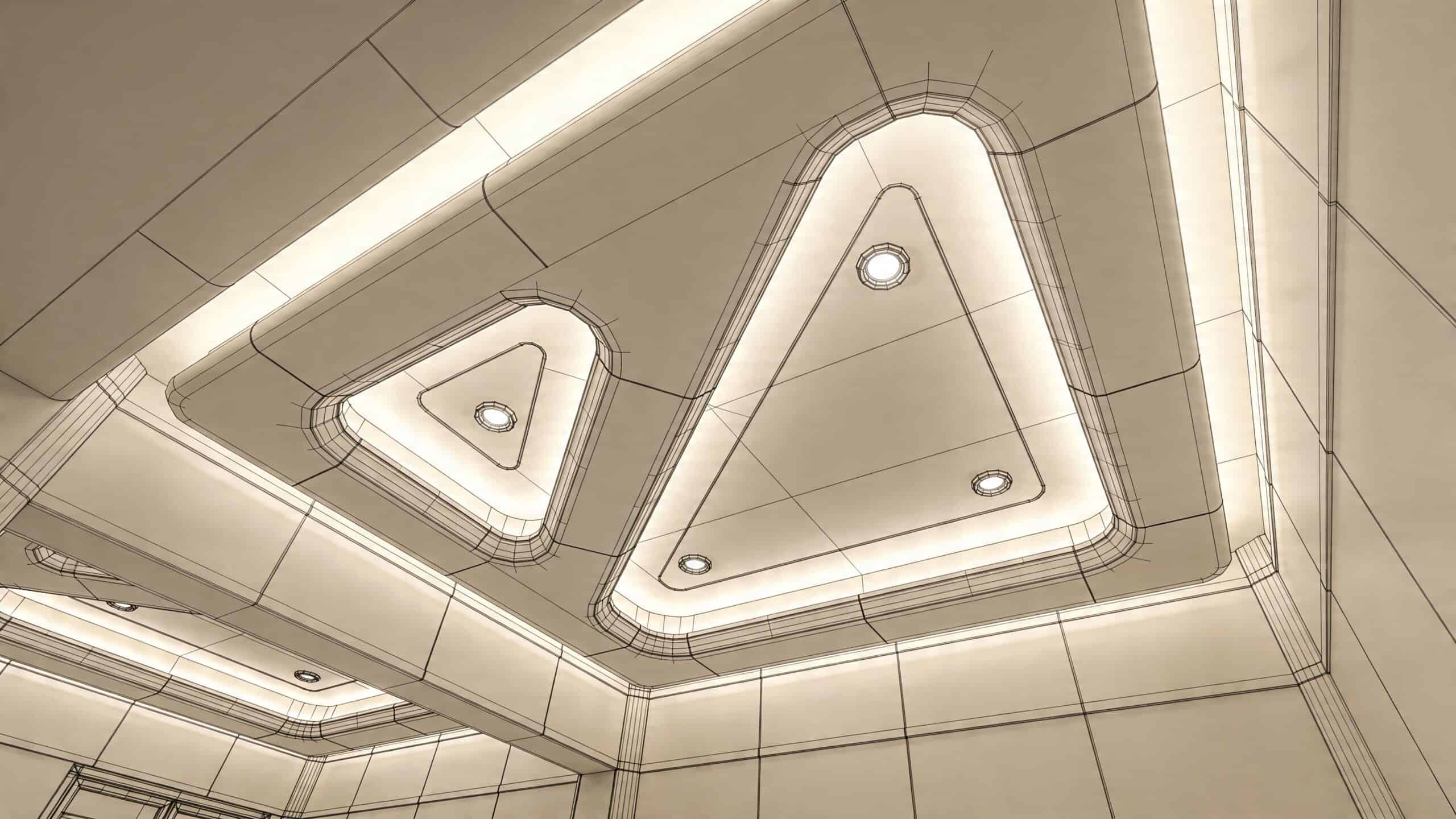 Moderne loftdesign med indbyggede LED-spots og stilfuld belysning i et geometrisk mønster i et lyst rum