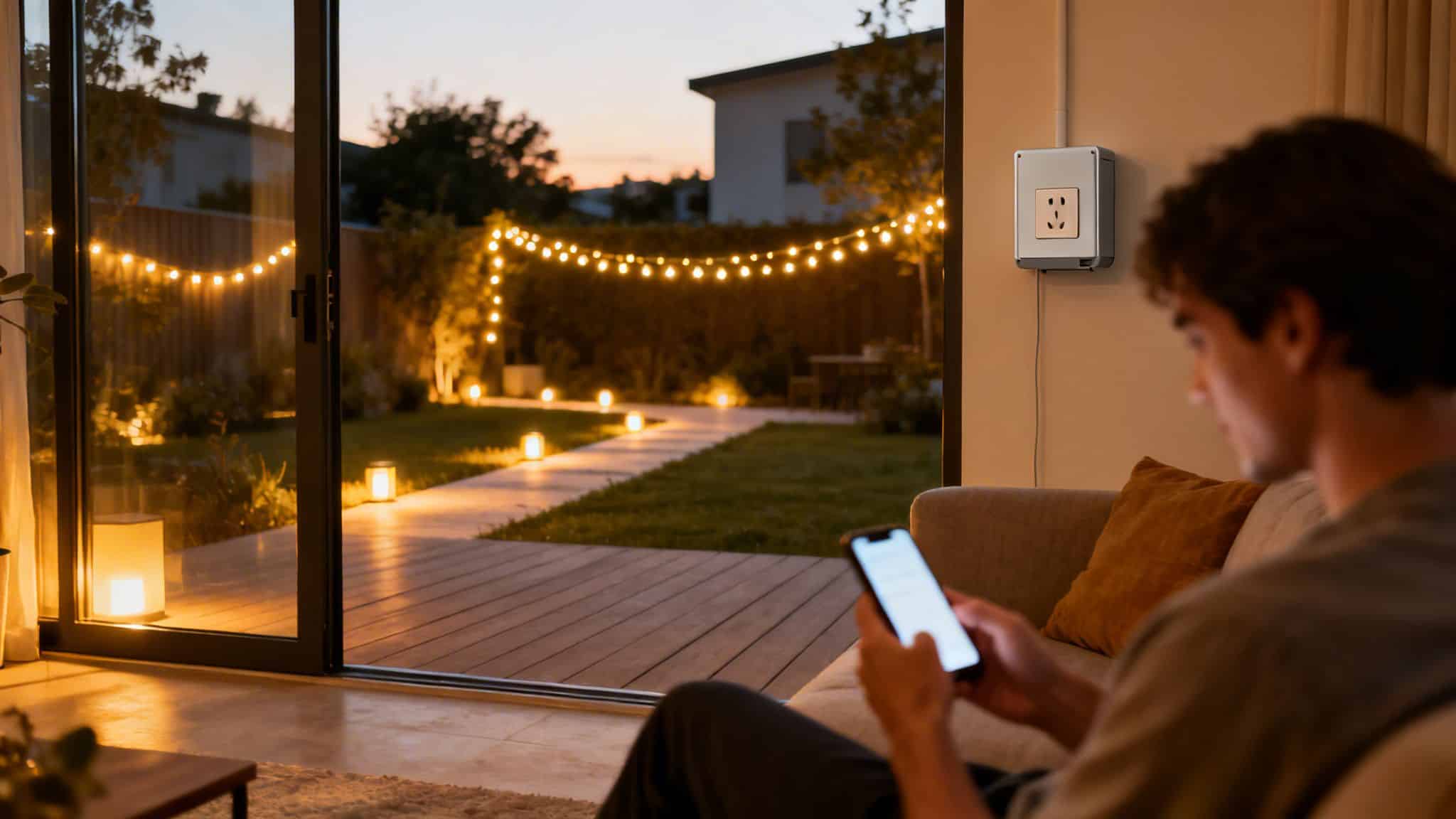 En person styrer udendørs lys med smartphone via fjernbetjent stikkontakt i hyggelig have ved solnedgang.