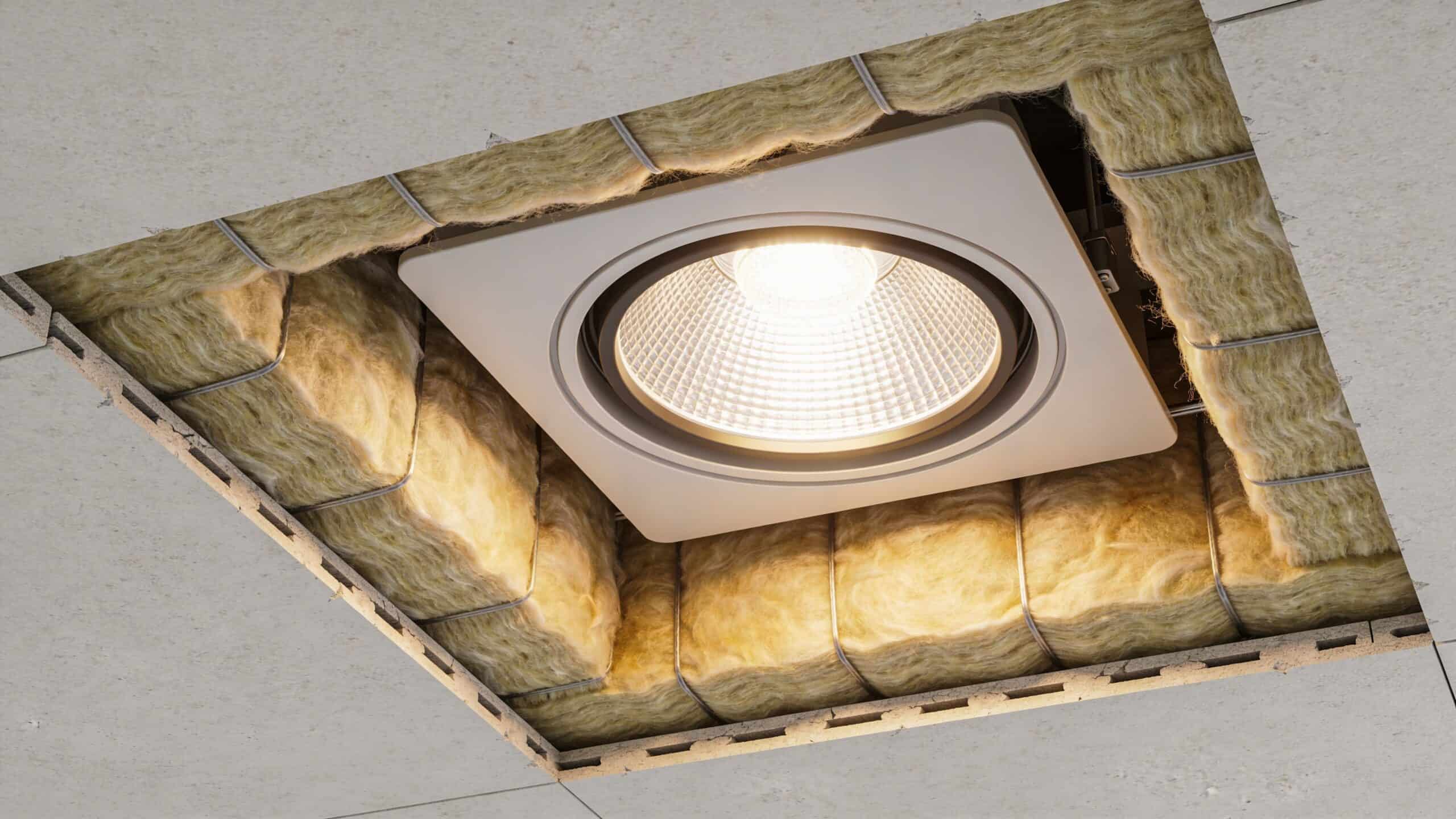 Loftslampe med isoleringsmateriale omkring for sikkerhed og energibesparelse.