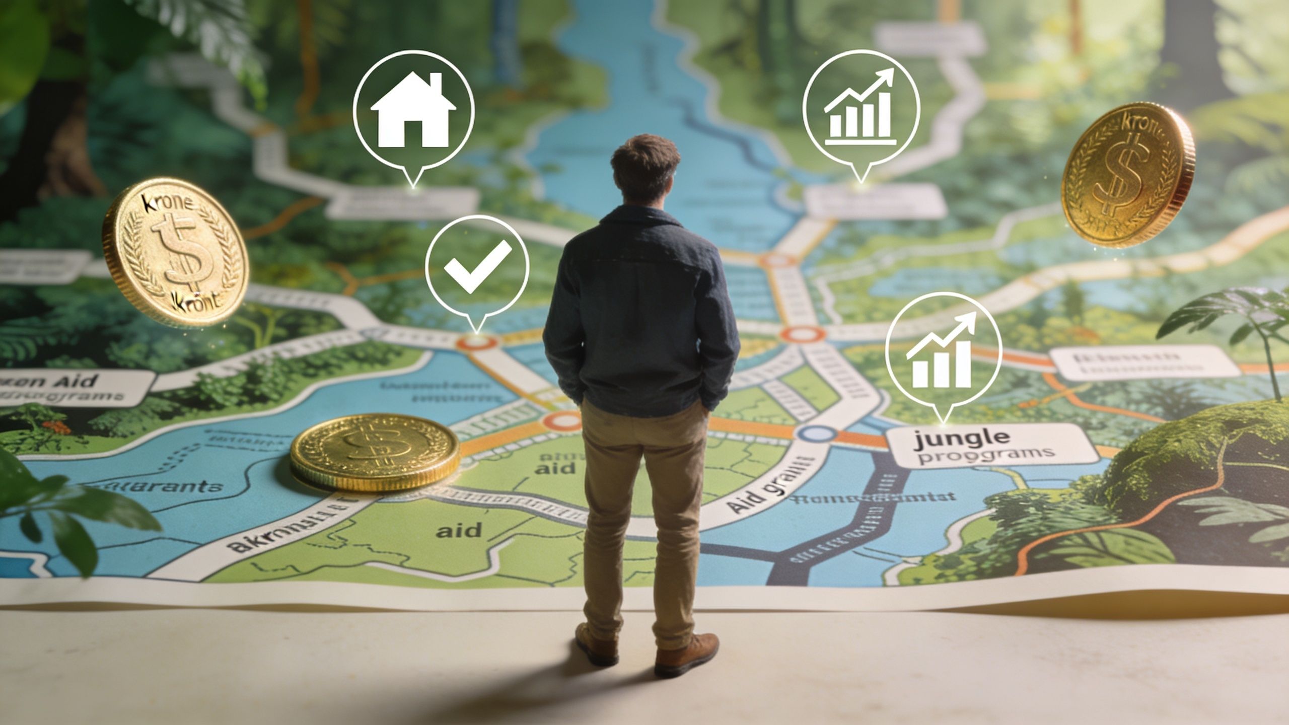 En person der står og overvejer økonomiske valgmuligheder og investeringsstrategier vist på et illustreret kort med symboler.