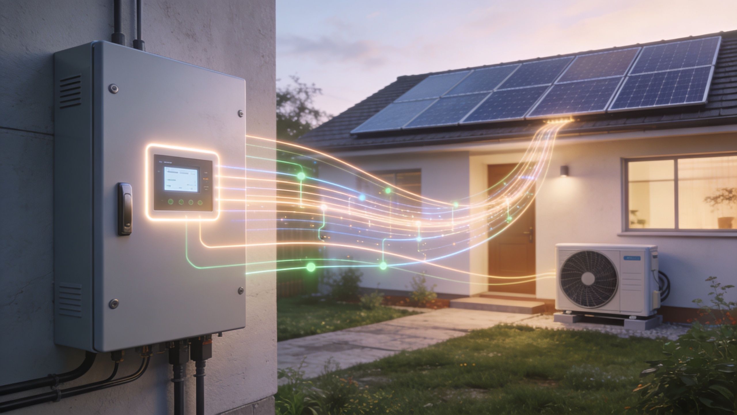 En elektrisk boks tilsluttet solpaneler på et hus tag og en udendørs varmepumpe i en have.