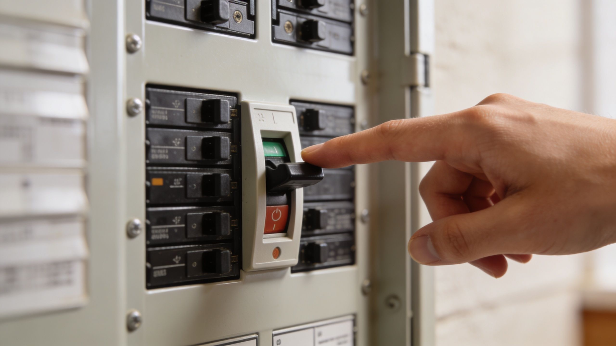En hånd der trykker på kontakten på et elektrisk sikringsskab for at genaktivere strømmen.