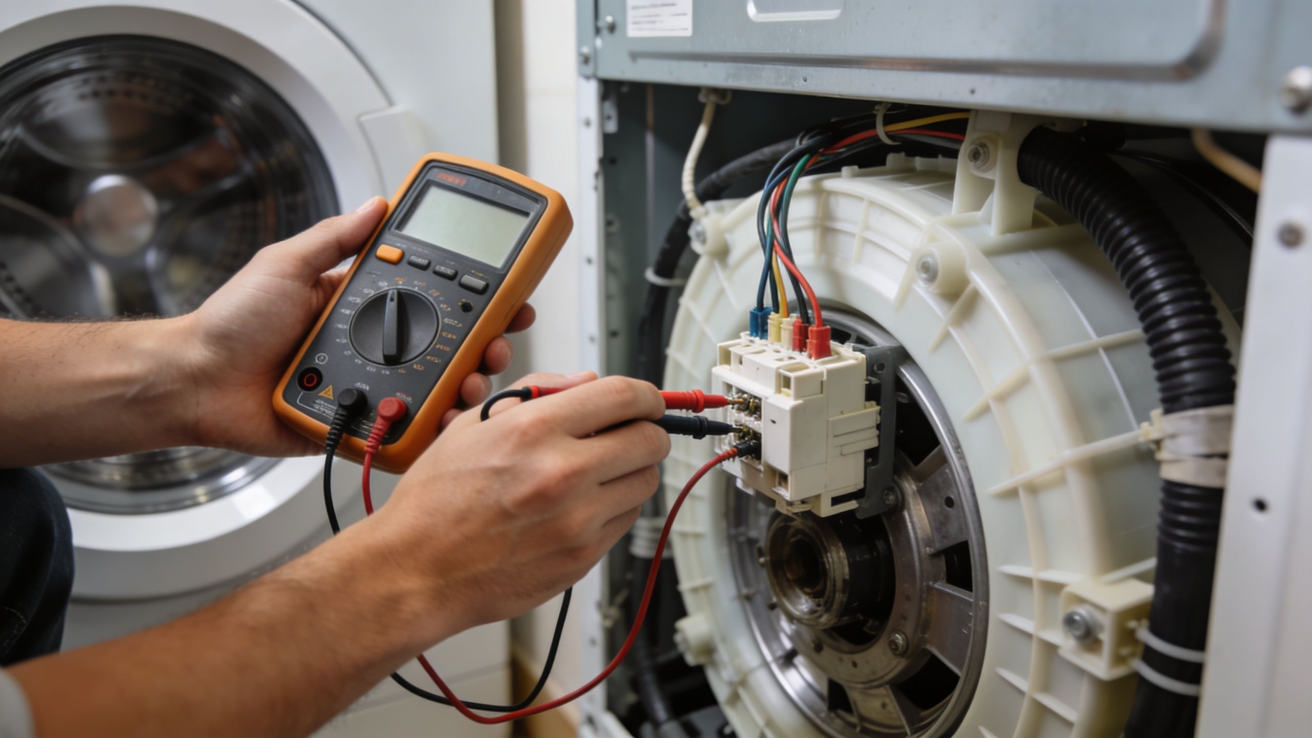En reparatør måler elektrisk modstand på en vaskemaskines motor med et multimeter under en reparation af maskinen.