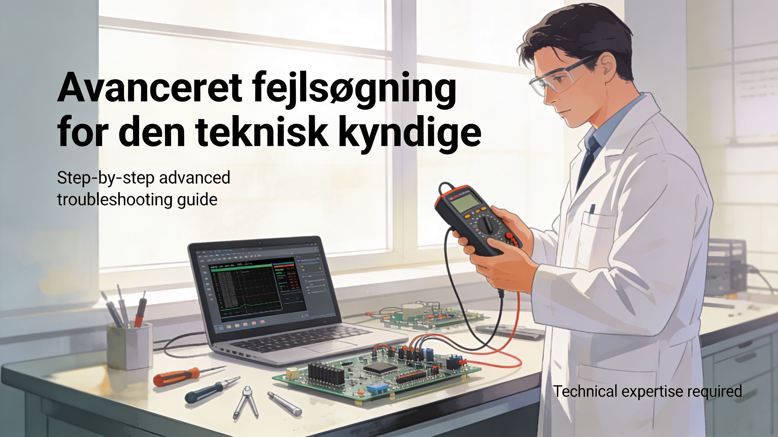 En tekniker i hvid kittel foretager avanceret fejlsøgning på et printkort ved hjælp af et multimeter og computer.