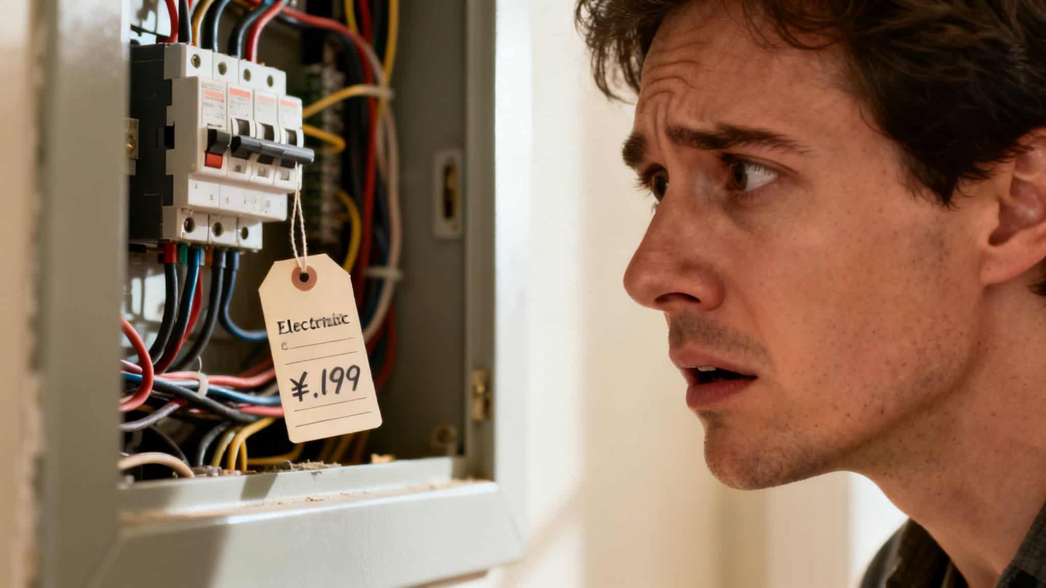 En overrasket mand ser bekymret på en eltavle med et prisskilt, der indikerer udgifterne til elektriske reparationer.