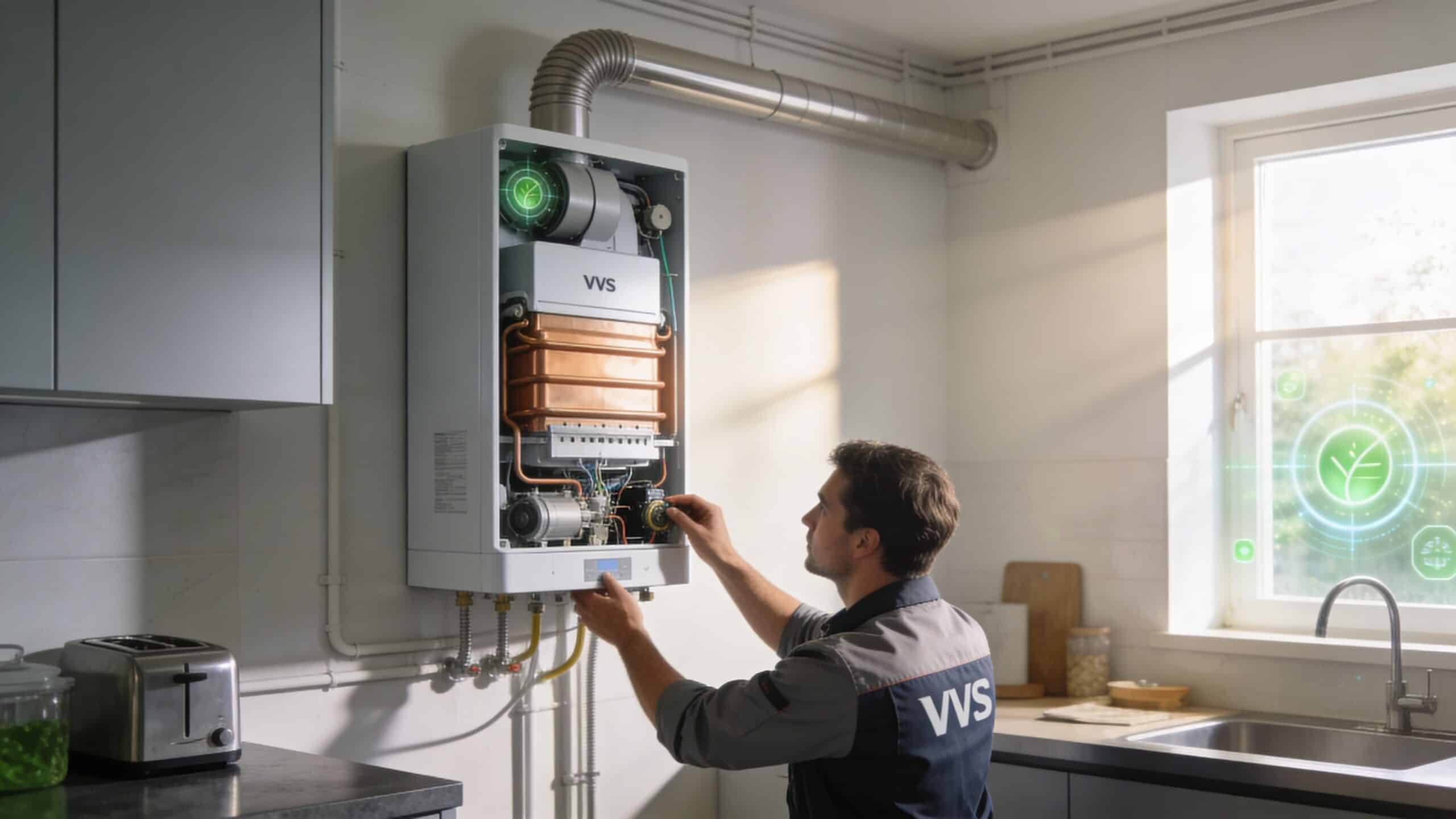 En professionel VVS-installatør servicerer en moderne væghængt gaskedel i et lyst og moderne køkkenmiljø.