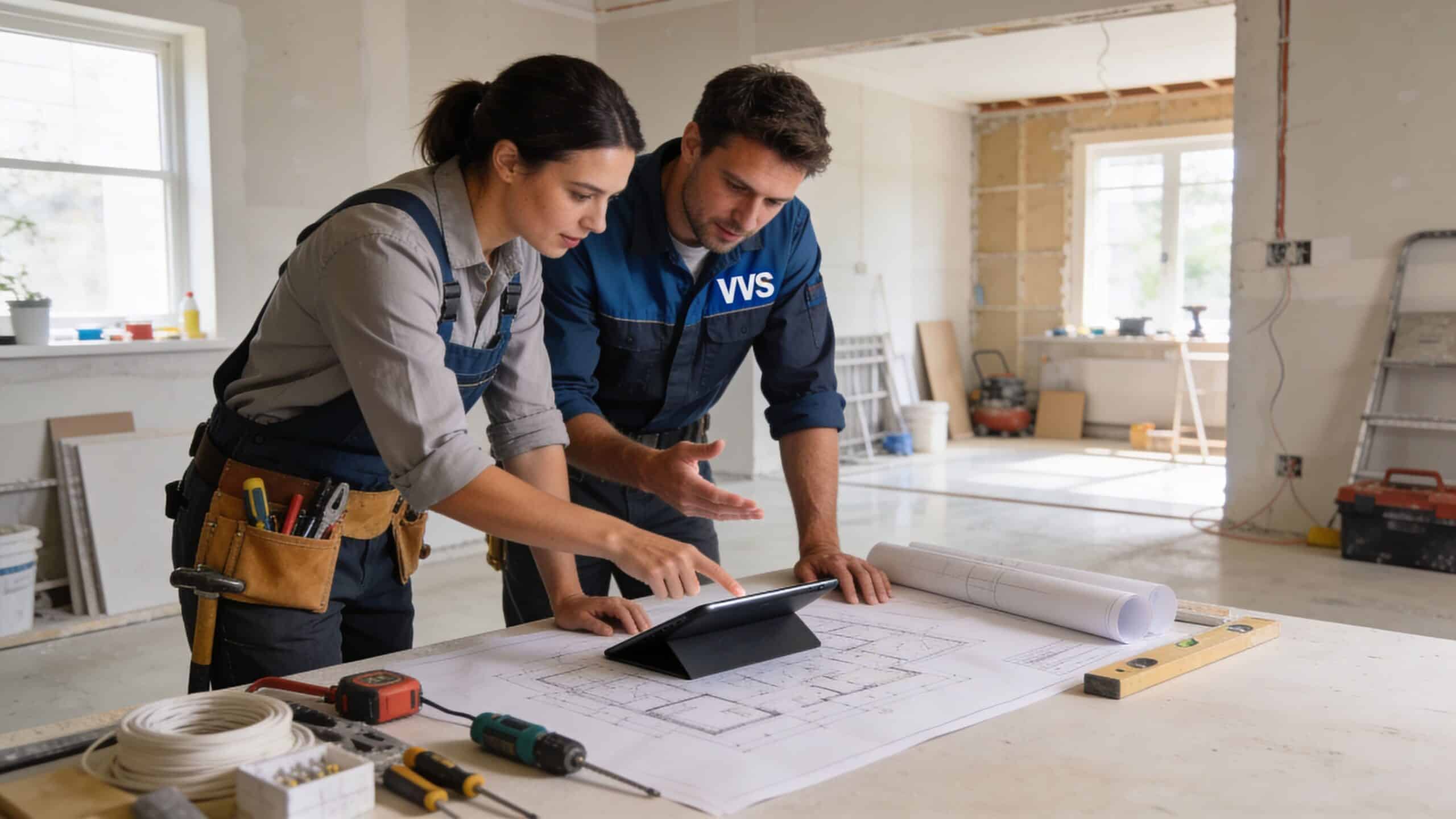 VVS- og elektrikerteam planlægger installationer i et nybyggeri.