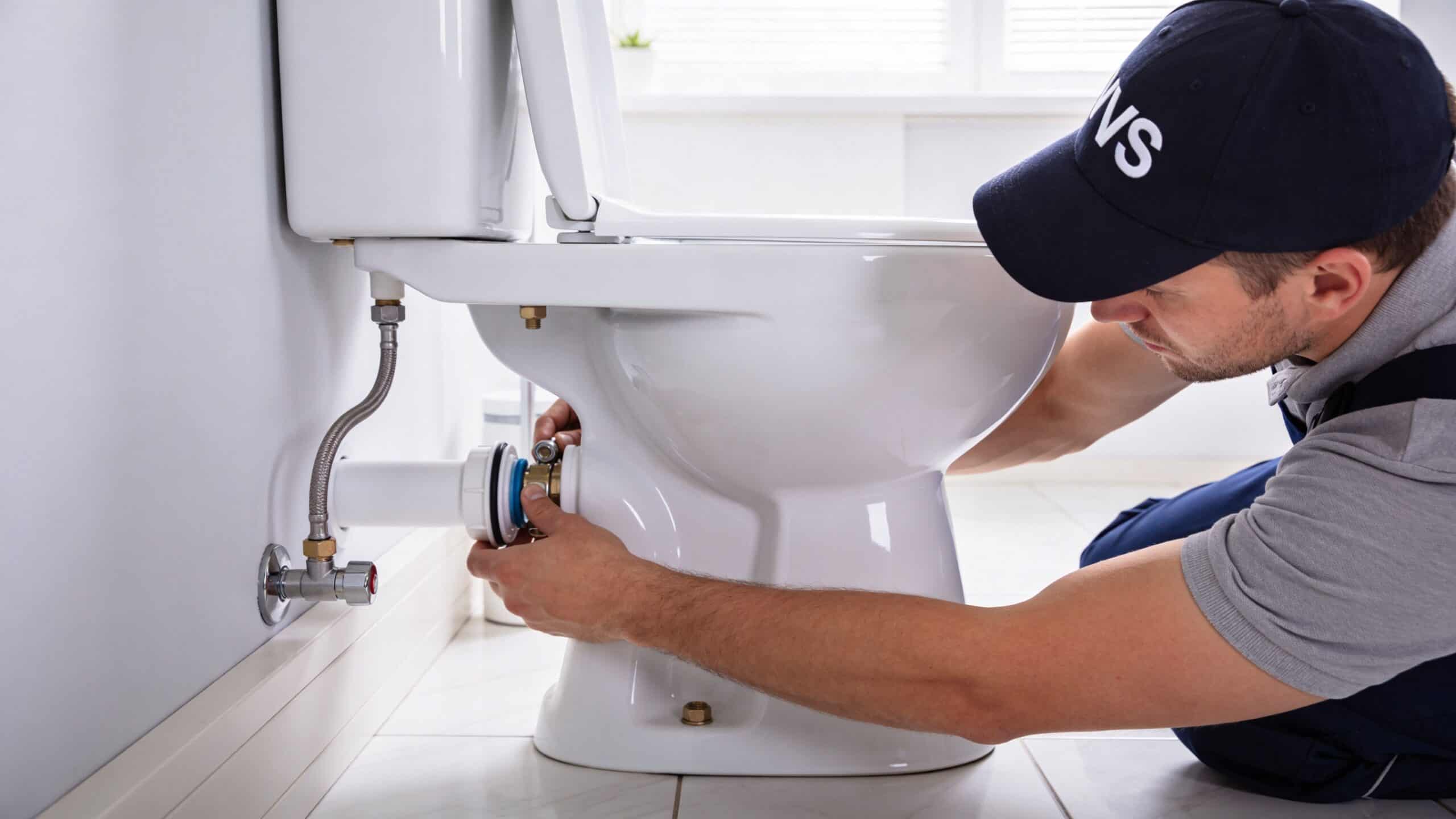 En professionel vvs-installatør arbejder på at reparere eller montere et hvidt toilet på et badeværelse.