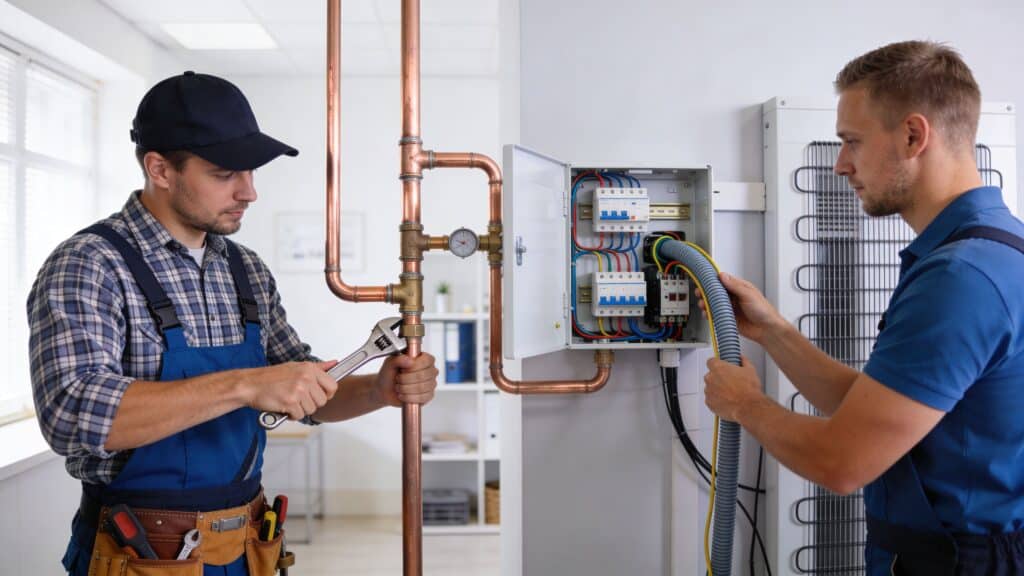 Elektriker arbejder på el-tavle i moderne bygning.