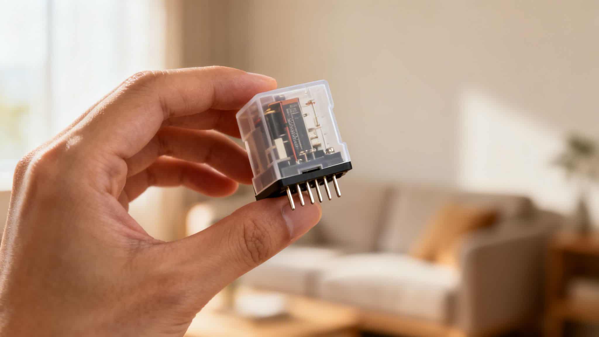 En hånd holder et elektrisk relæ med en klar plastikhus og metalstifter mod en sløret stuebaggrund.