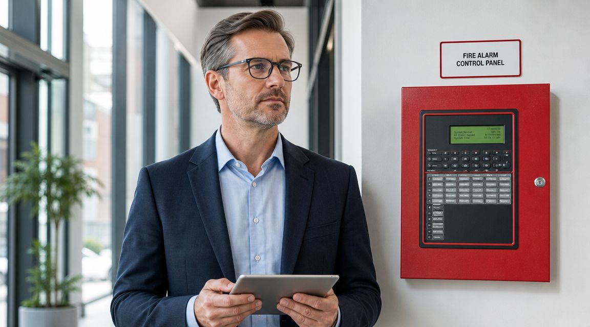 Forretningsmand med tablet ved siden af et ABA-anlæg, der viser kontrolpanelet til et brandalarmsystem.