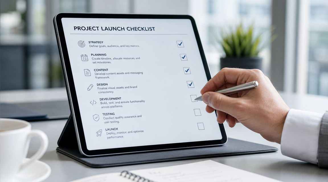 En forretningsmand markerer et punkt på en digital tjekliste til projektlancering på en tablet-computer.