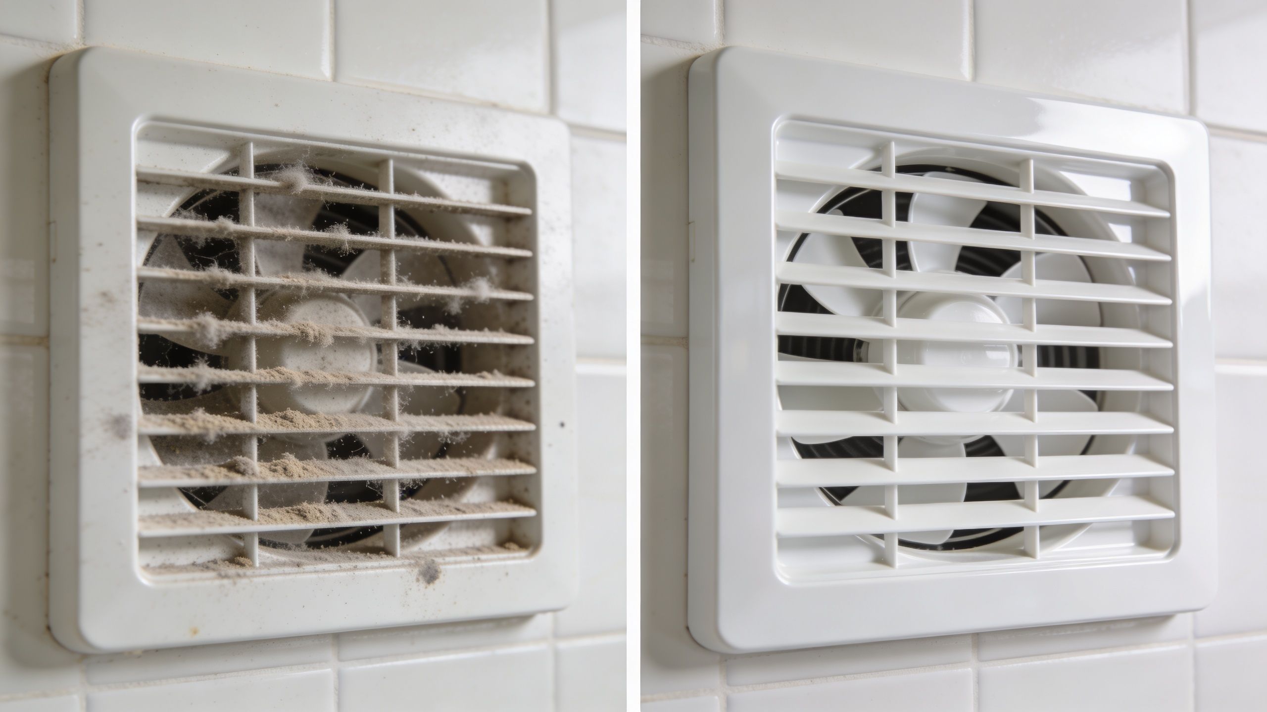 Sammenligning af en beskidt og en ren udsugningsventil på badeværelset før og efter rengøring af ventilatoren.