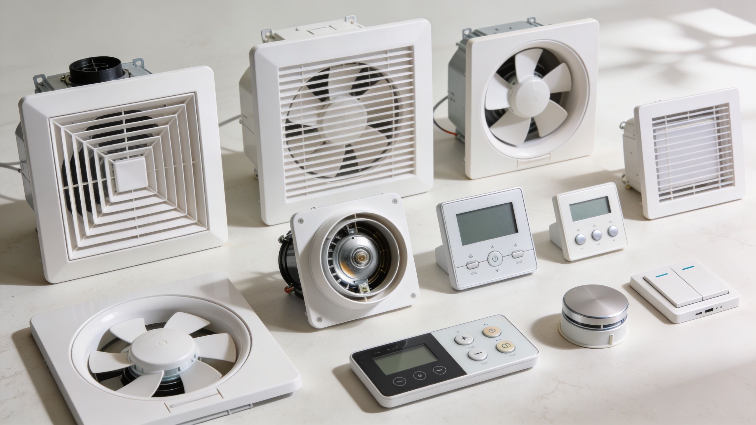 Et udvalg af hvide badeværelsesventilatorer, styringspaneler og kontakter til effektiv udluftning og ventilation i hjemmet.