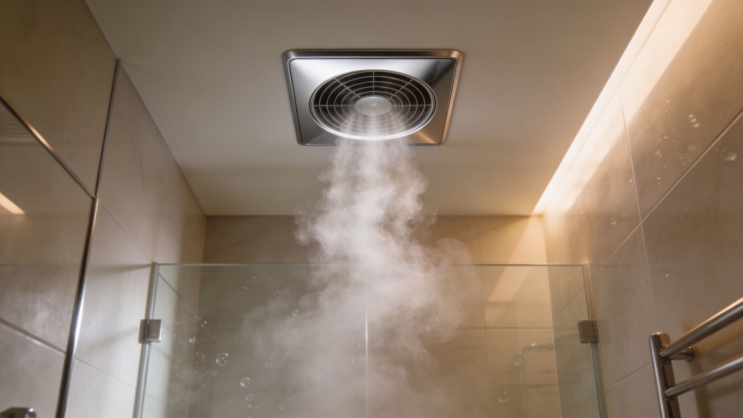 En effektiv badeværelsesventilator monteret i loftet, der suger damp og fugtig luft væk fra bruseren.