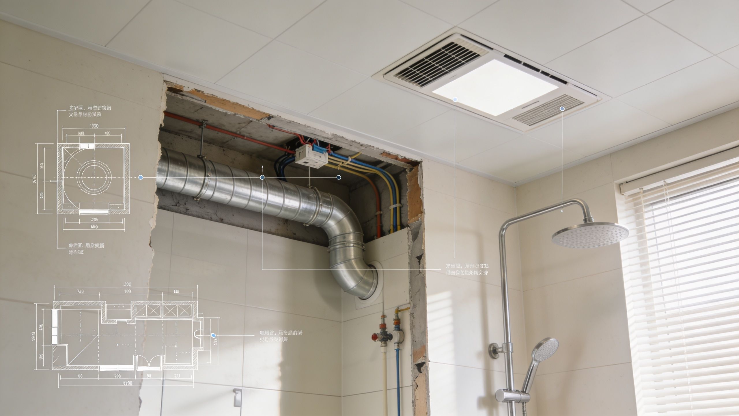Et badeværelse under renovering med synlige ventilationsrør i loftet og tekniske tegninger vist som overlay.