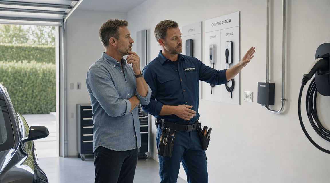 En elektriker rådgiver en husejer om installation af ladestander til elbil i en moderne garage.
