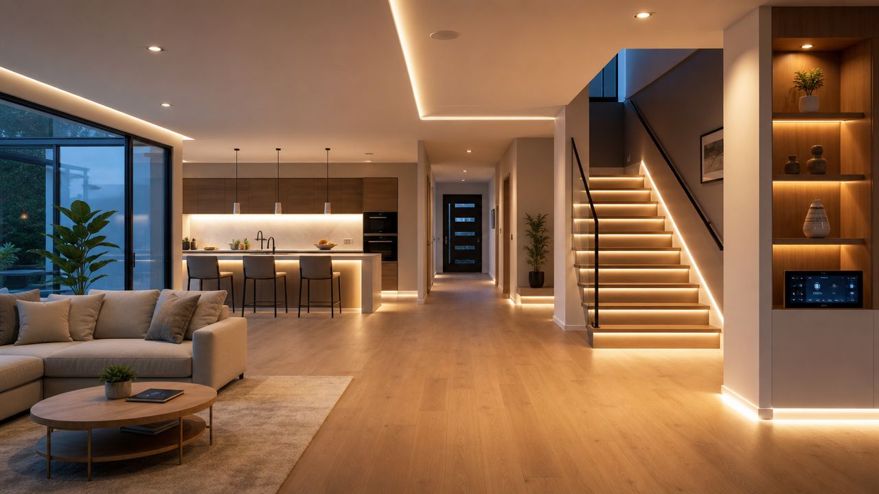 Moderne interiør i et luksuriøst hjem med stemningsfuld belysning, åbent køkken og en elegant oplyst trappeopgang.