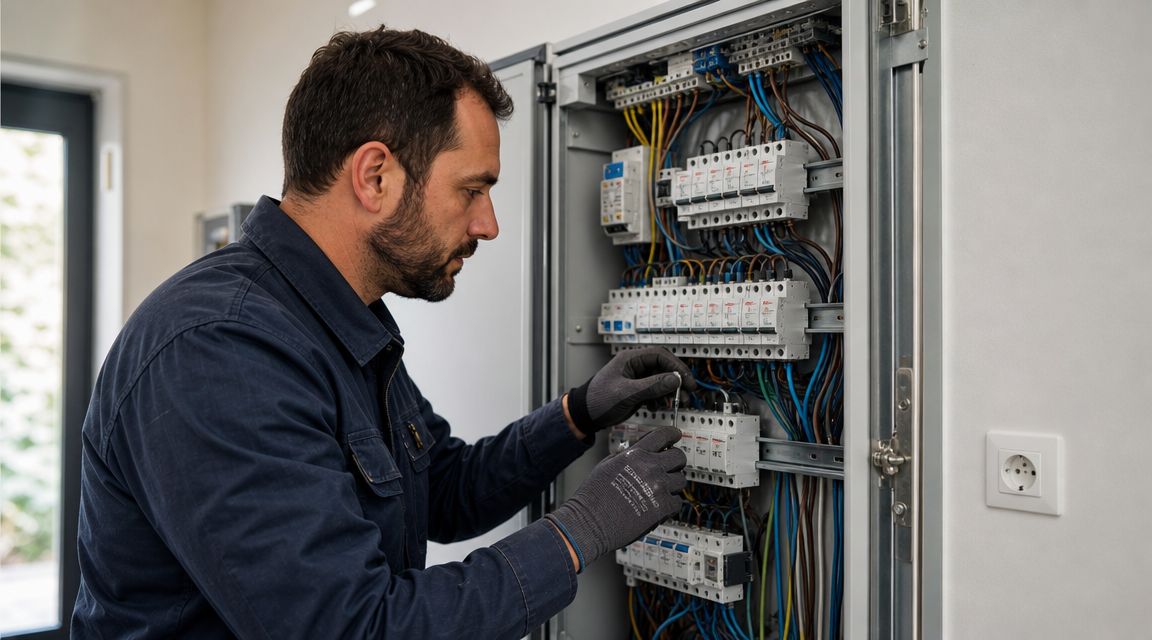 En professionel elektriker arbejder fokuseret på at installere elektriske komponenter i et moderne sikringsskab.
