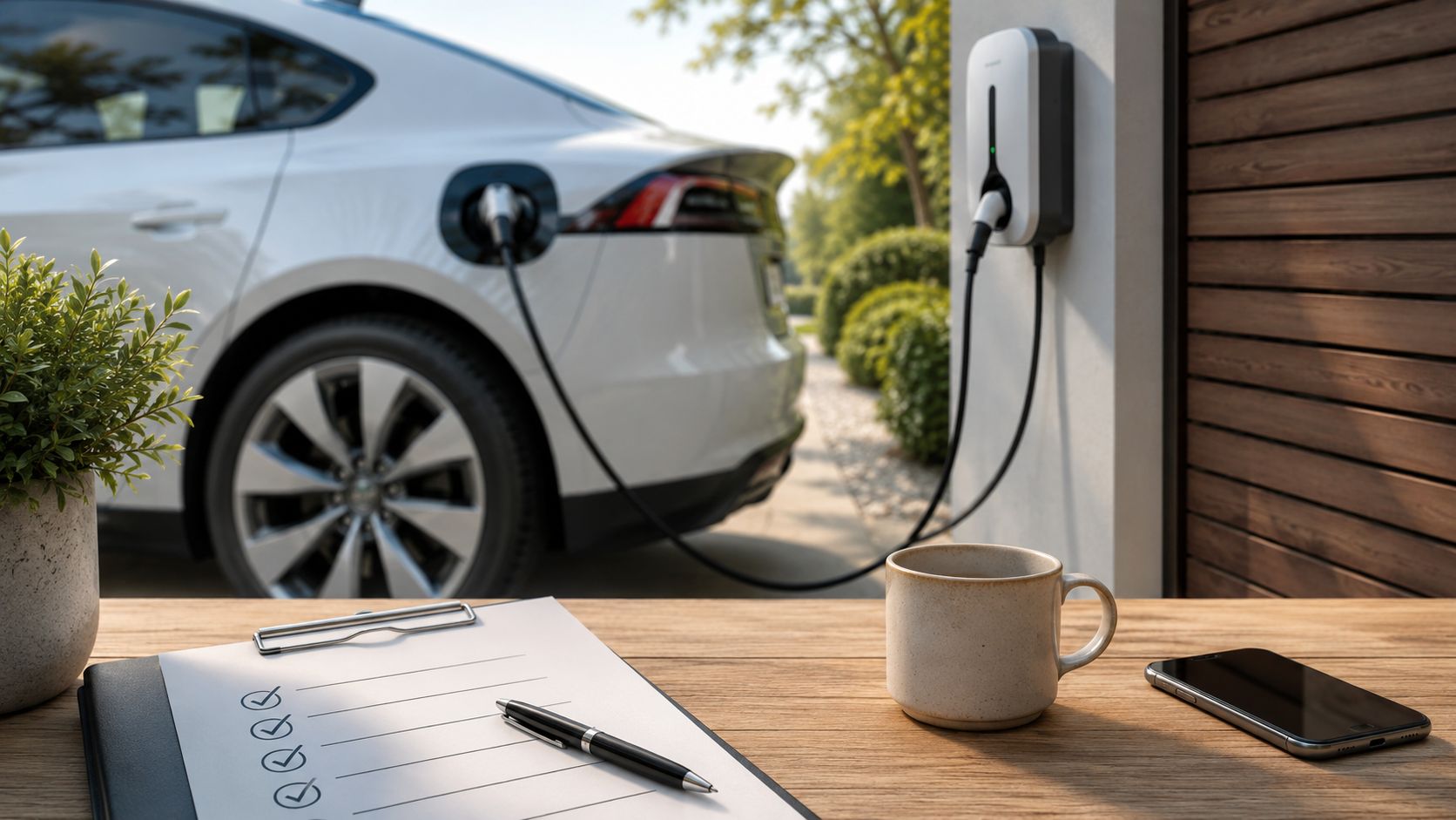 Hvid elbil parkeret og tilsluttet en ladestander ved siden af et bord med kaffekop og tjekliste.