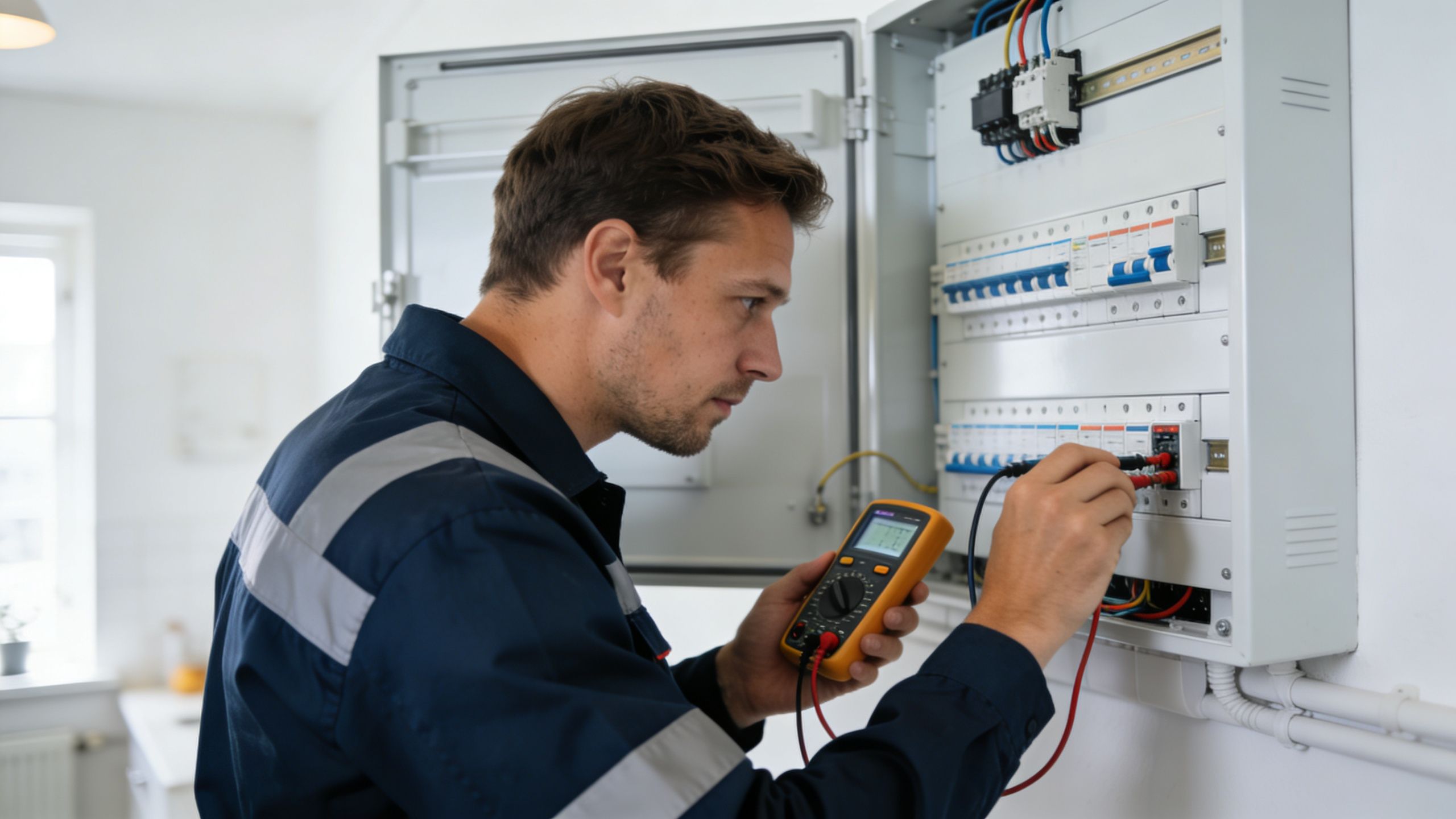 En professionel elinstallatør foretager målinger i et el-skab med et multimeter for at sikre korrekt elektrisk installation.