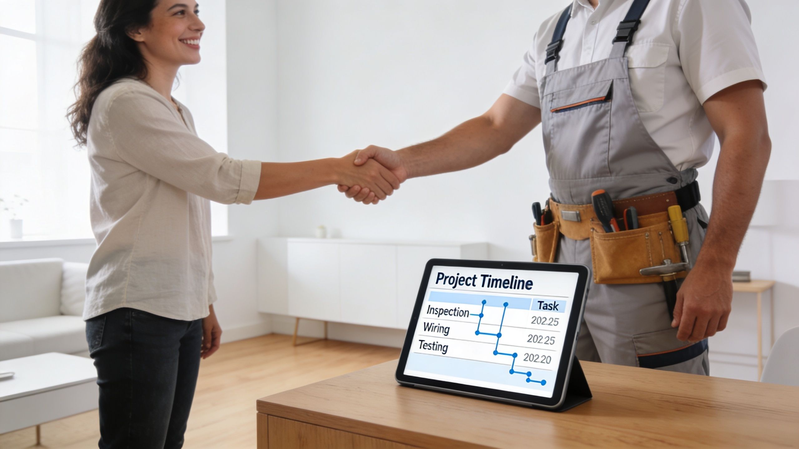 En kvinde ryster hånd med en el-installatør, mens en tablet viser tidsplanen for el-projektet i Ballerup.