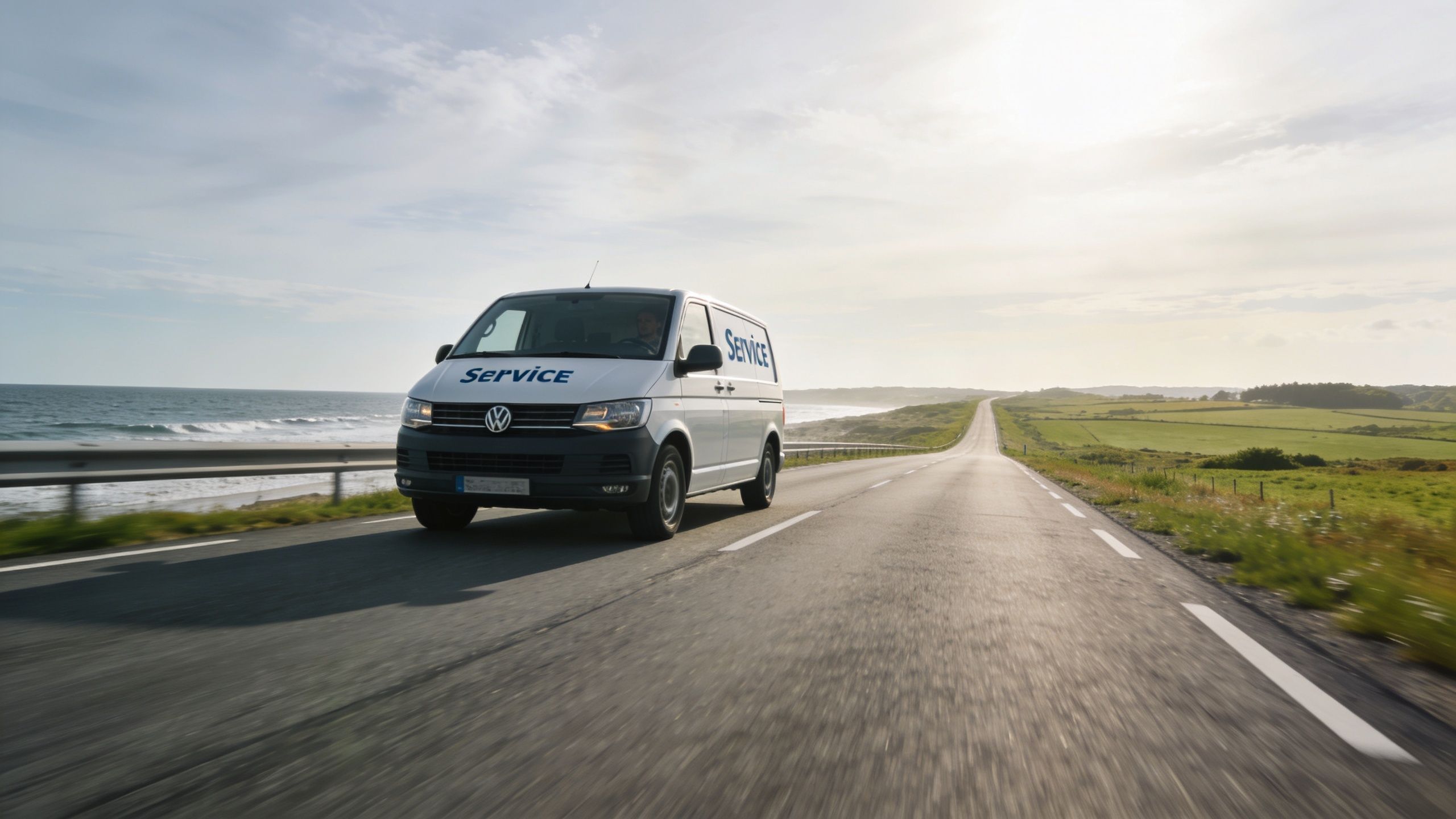 En hvid Volkswagen servicebil kører på en naturskøn vej langs kysten i dagslys.