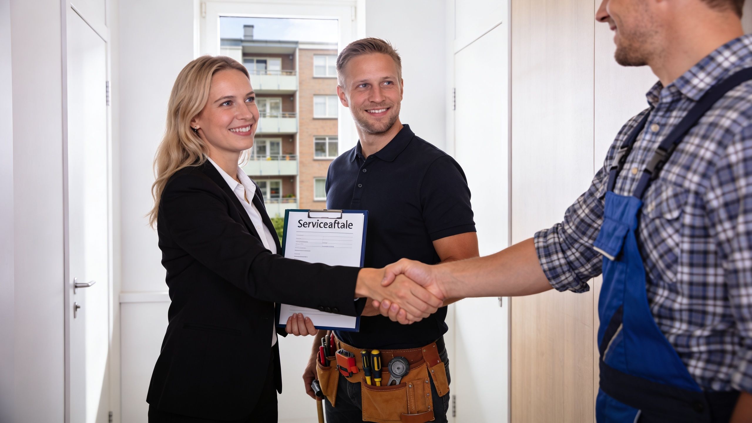 En forretningskvinde giver hånd til en elektriker, mens en anden mand kigger på i en lys gang.
