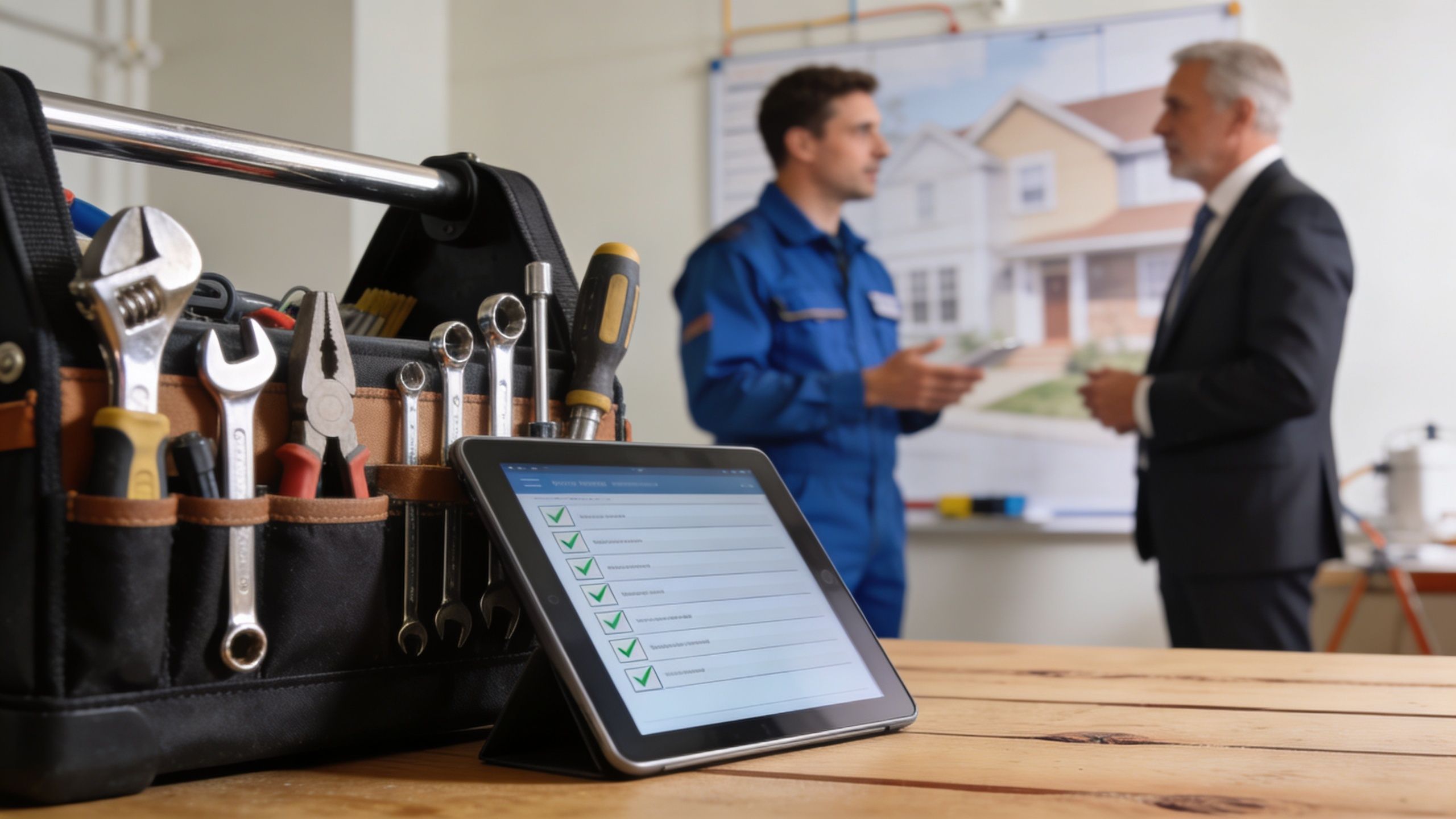 En værktøjskasse og en tablet med en tjekliste placeret på et bord foran en elektriker og en forretningsmand.