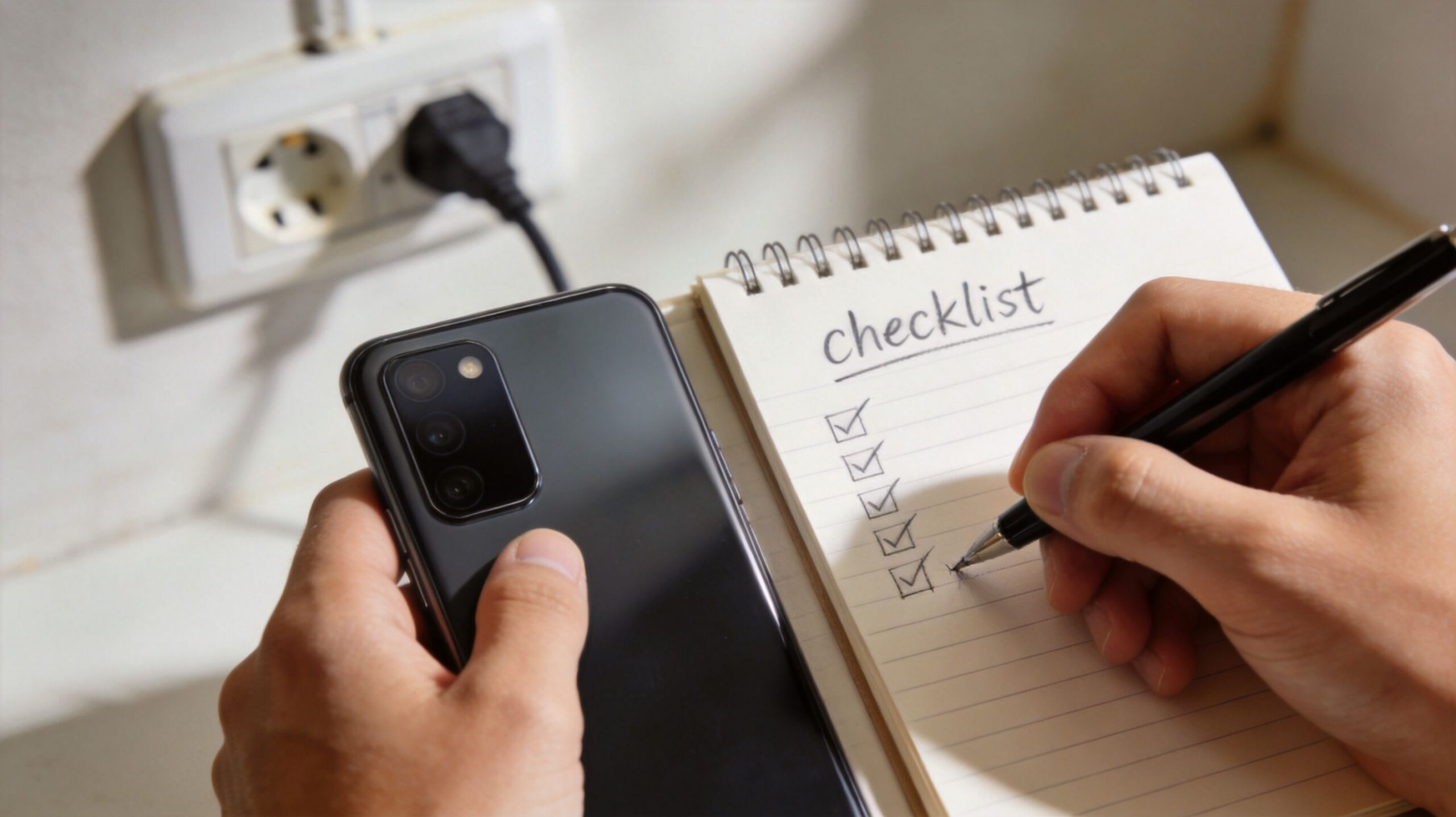 En person holder en smartphone og markerer en tjekliste i en notesblok med en sort kuglepen.