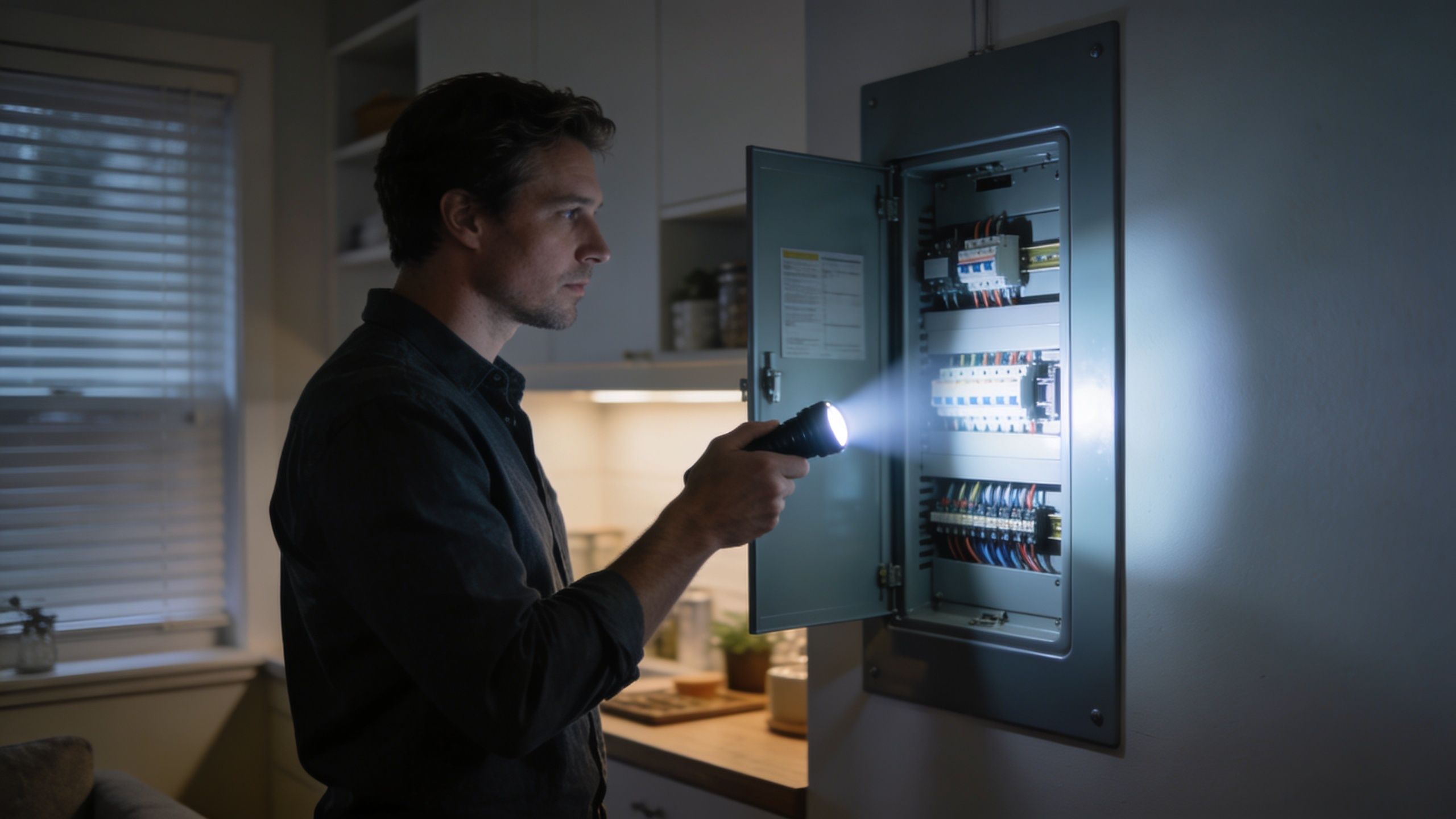 En mand undersøger et elektrisk sikringsskab i et mørkt køkken ved hjælp af en lommelygte.