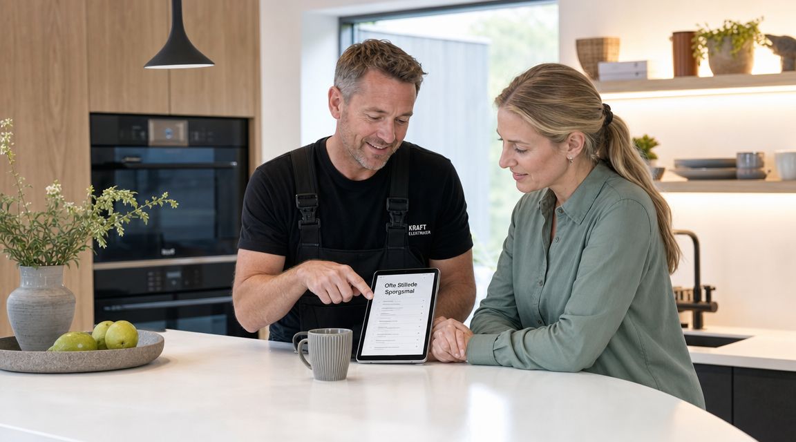 En elektriker i arbejdstøj viser en kunde ofte stillede spørgsmål på en tablet i et moderne køkken.