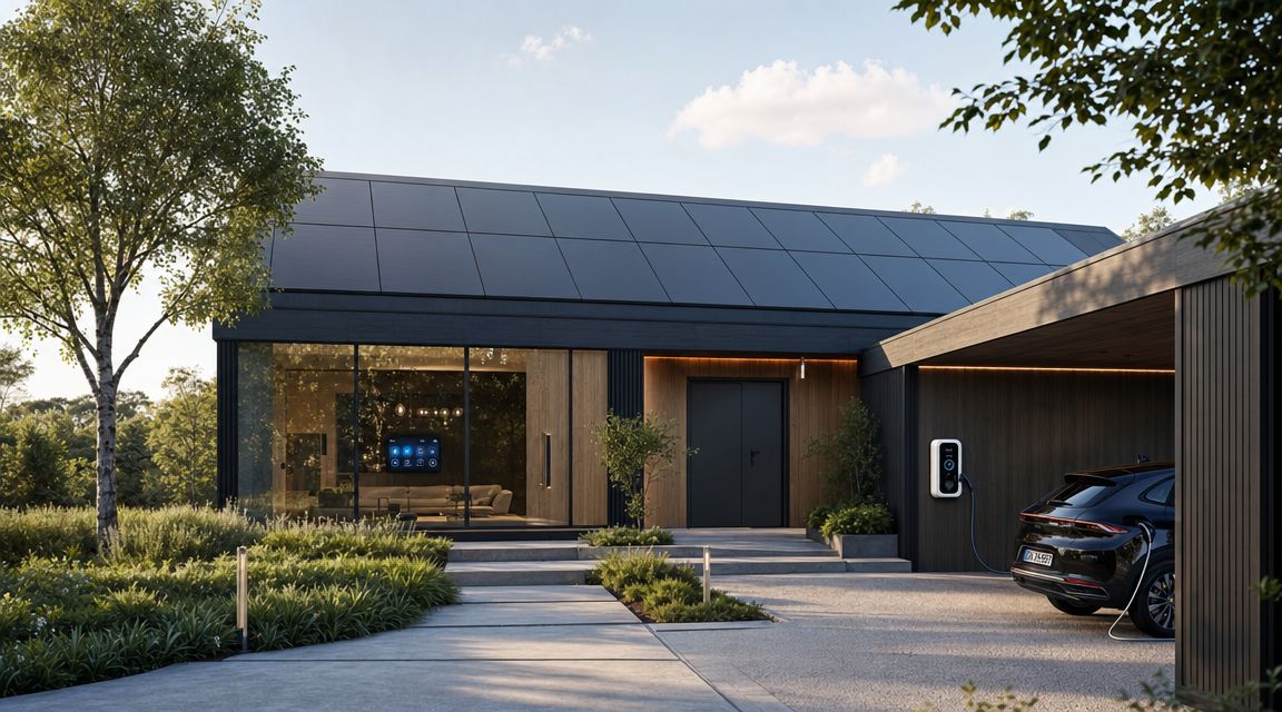 Moderne villa med solcelle-tag og en elektrisk bil, der oplades i en overdækket carport om aftenen.