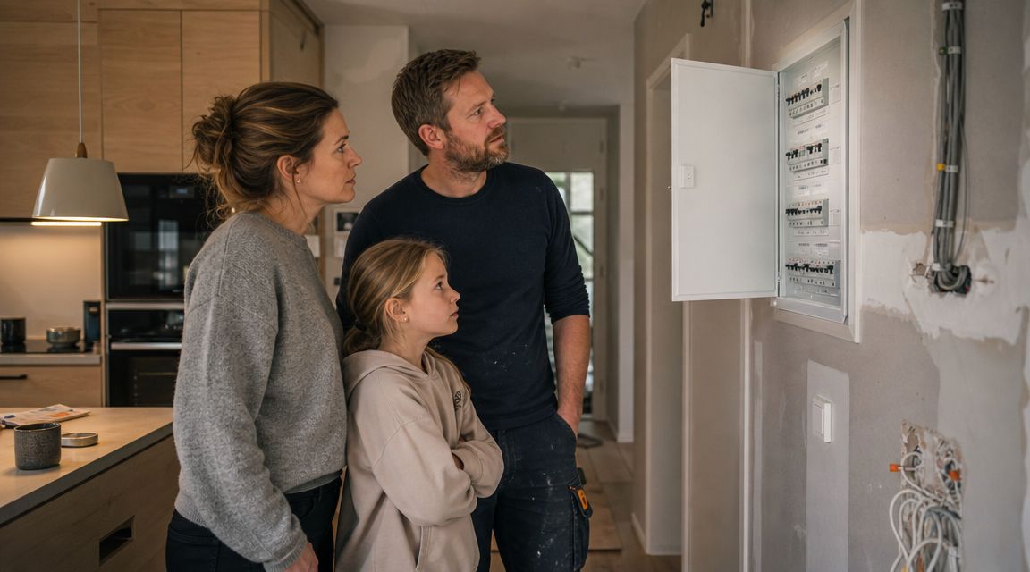 En familie står sammen og kigger på et åbent el-skab under en renovering af deres hjem.