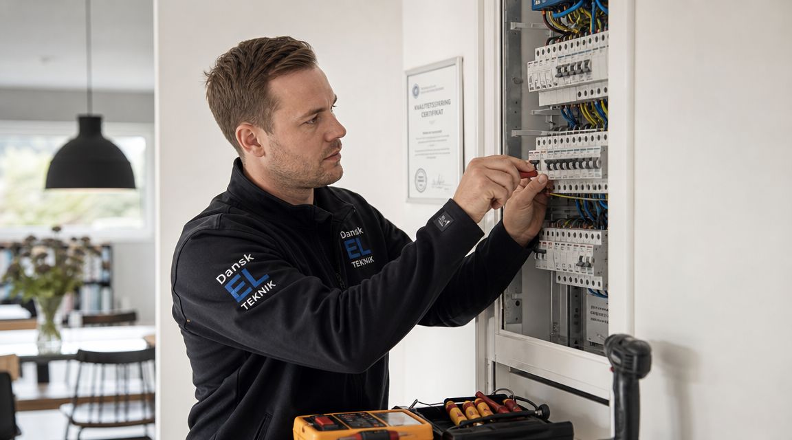 En professionel elektriker arbejder fokuseret med installation og kontrol af et eltavle-system i et moderne hjem.