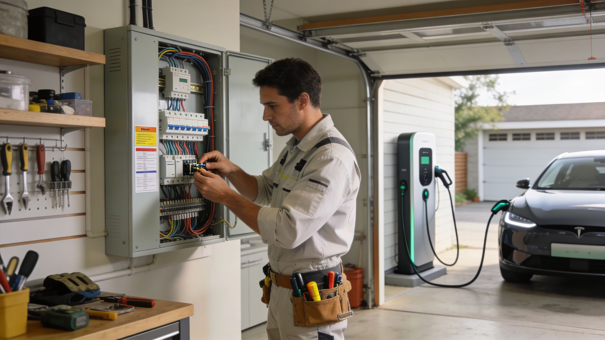 En professionel elektriker i arbejdstøj installerer en el-tavle i et garageanlæg med en ladestation til elbil.