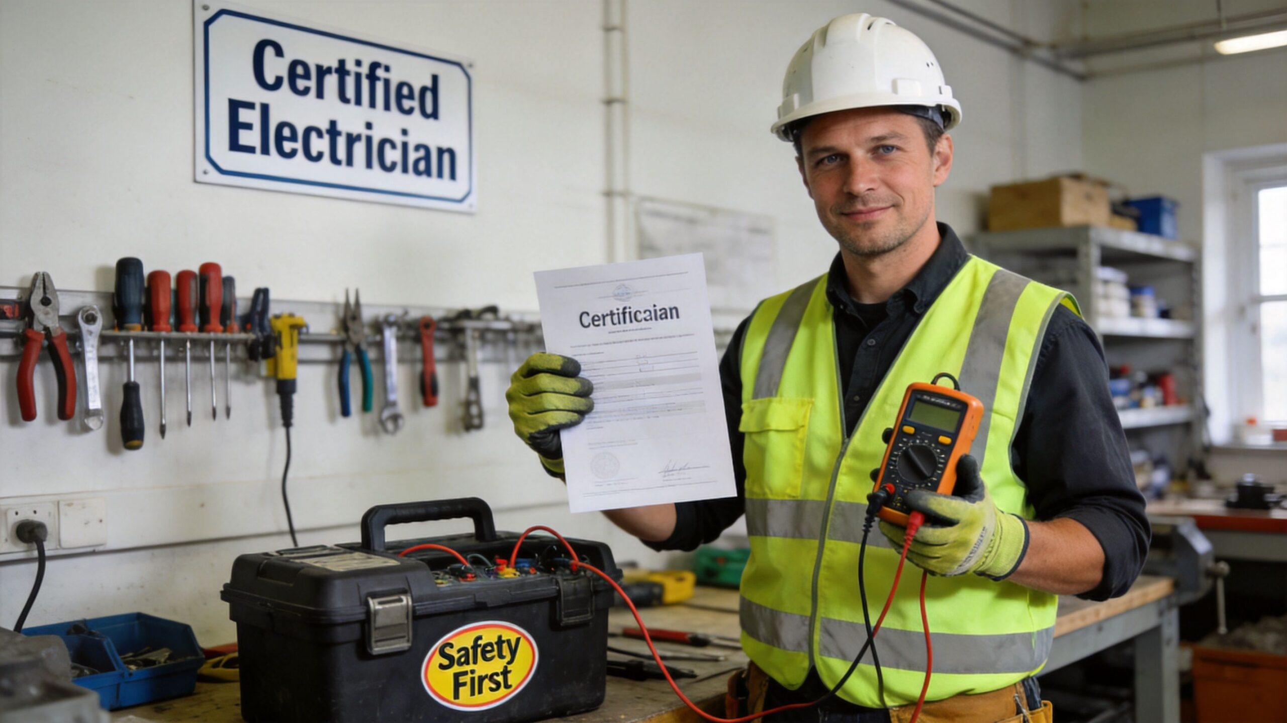 En certificeret elektriker i arbejdstøj holder et certifikat og et multimeter i et professionelt værksted.