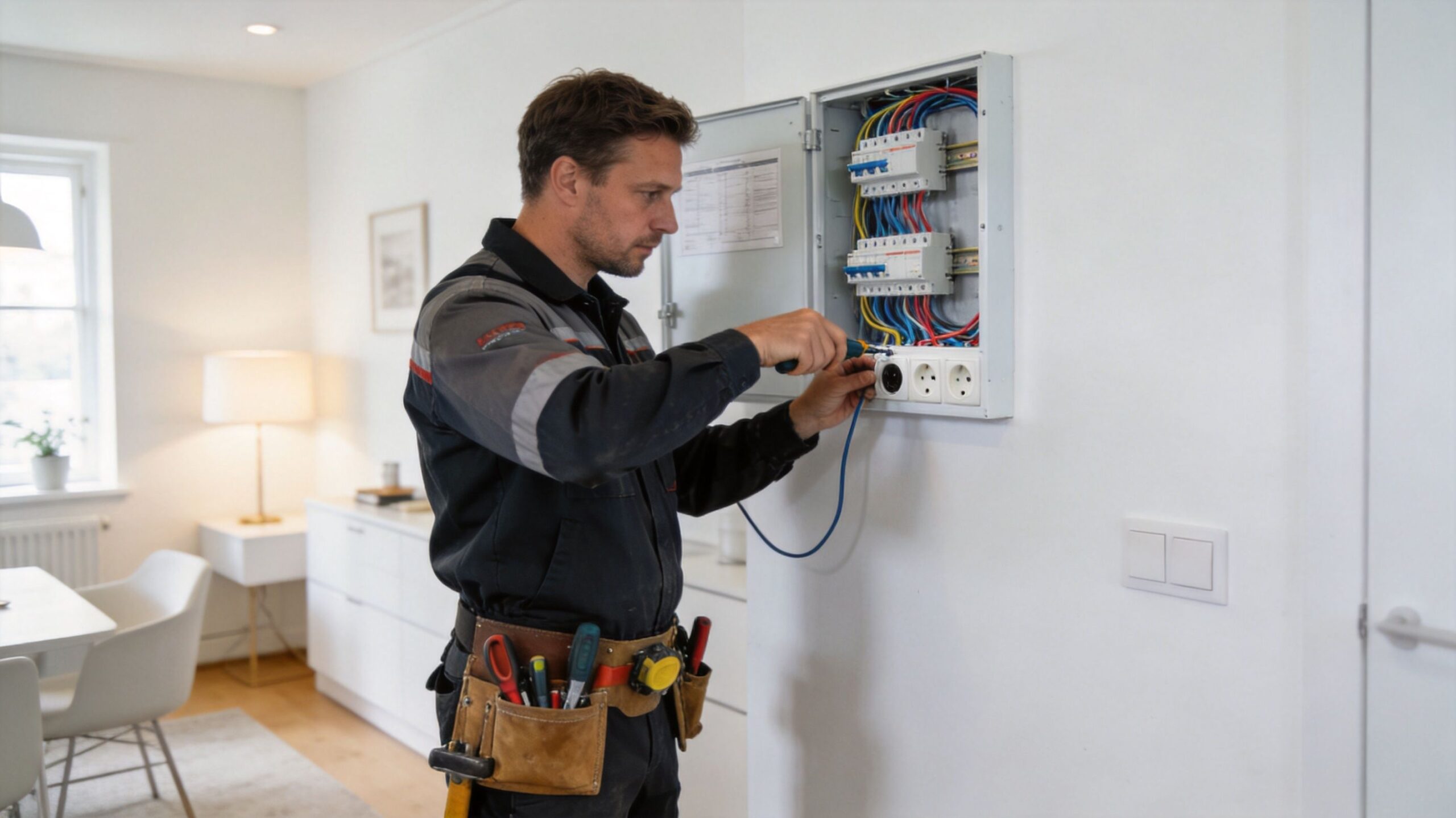 En professionel elektriker arbejder fokuseret på at installere og vedligeholde elektriske komponenter i et moderne hjem.