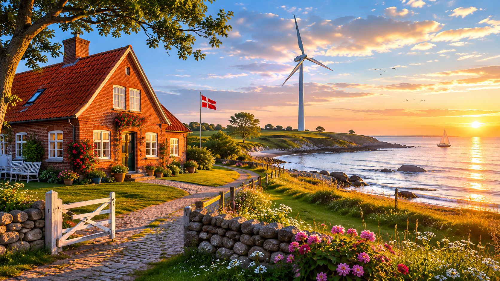 Et smukt dansk hus ved kysten med en vindmølle i baggrunden under en gylden solnedgang.