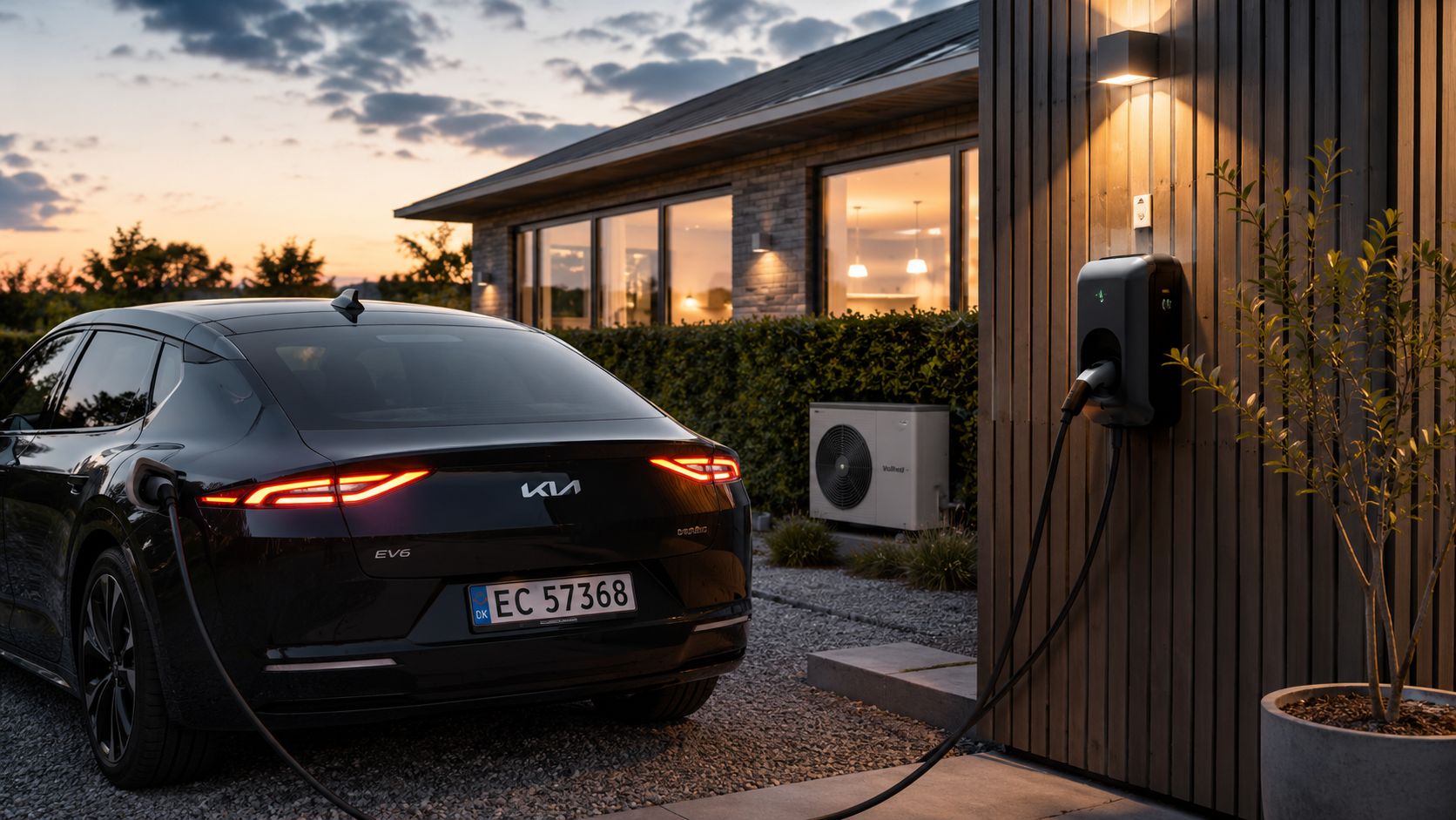 En sort Kia elbil oplades ved en husvæg i en moderne have under en smuk solnedgang.