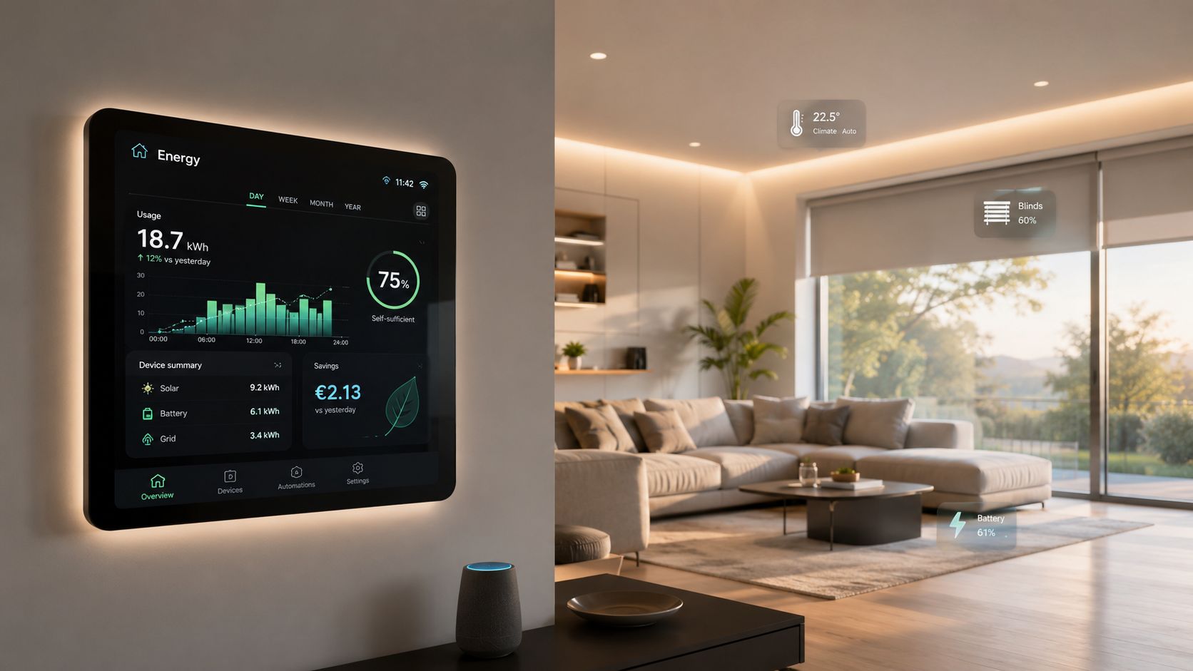Et moderne smart home-panel viser energiforbrug og klimadata i en stilfuld, oplyst stue med naturligt lys.