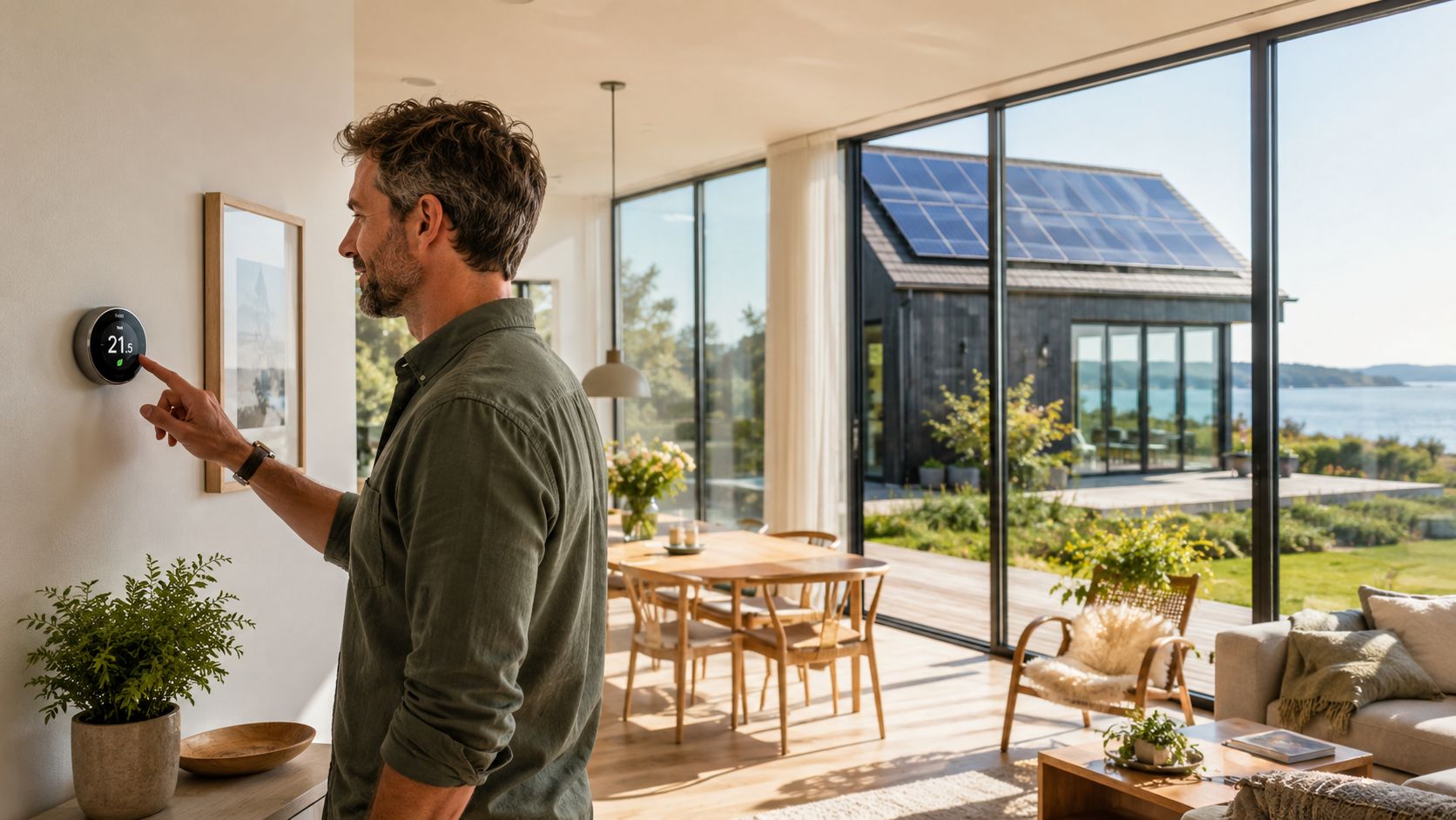En mand justerer sin smarte termostat i et moderne lyst hjem med udsigt til solceller og natur.