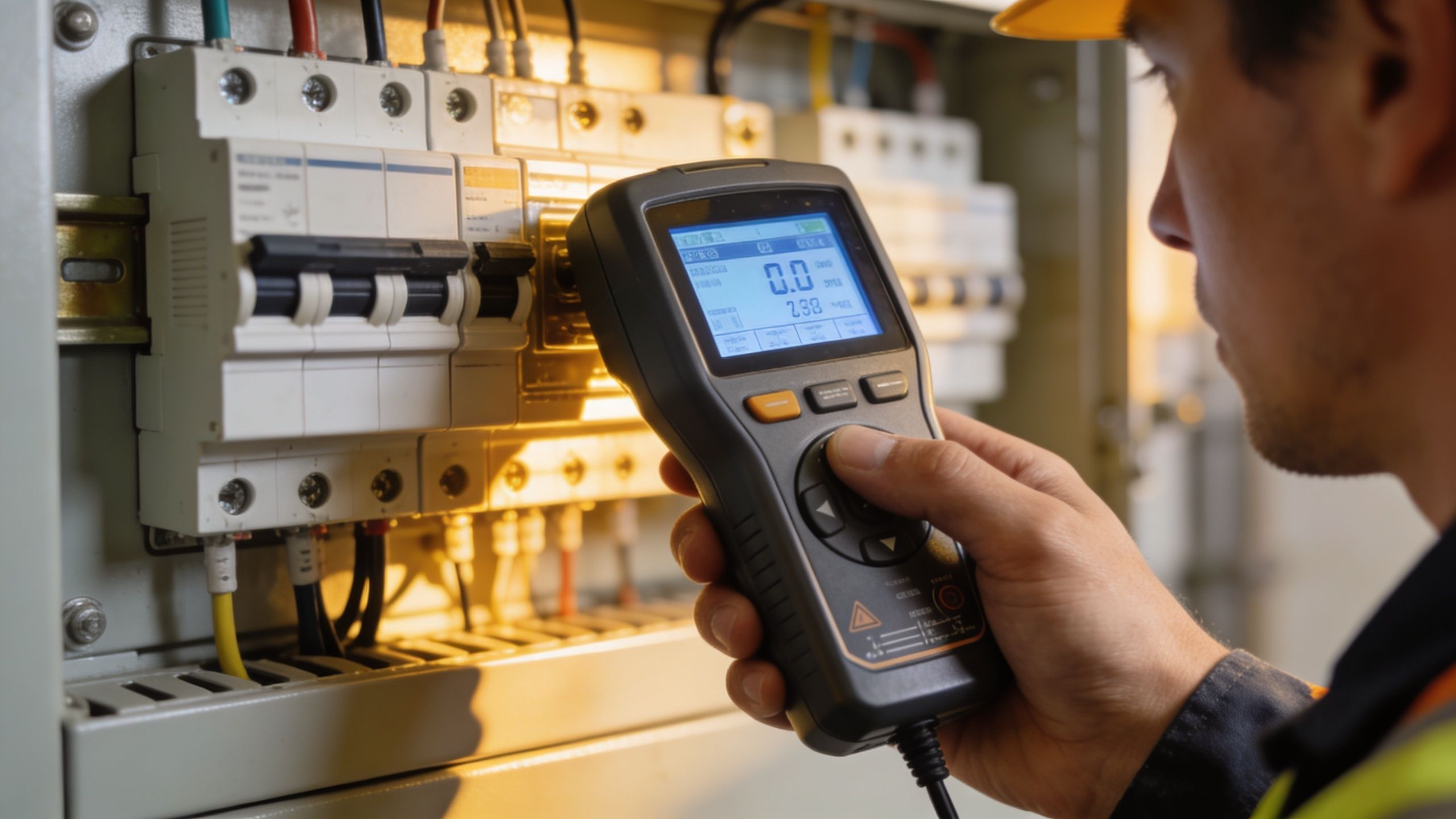 En elektriker foretager en præcis måling af elektriske installationer i en el-tavle med et digitalt måleinstrument.