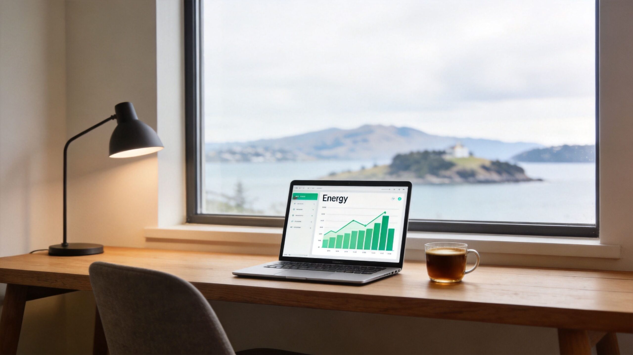 En bærbar computer med en energigraf på skærmen placeret på et skrivebord med udsigt over vandet.